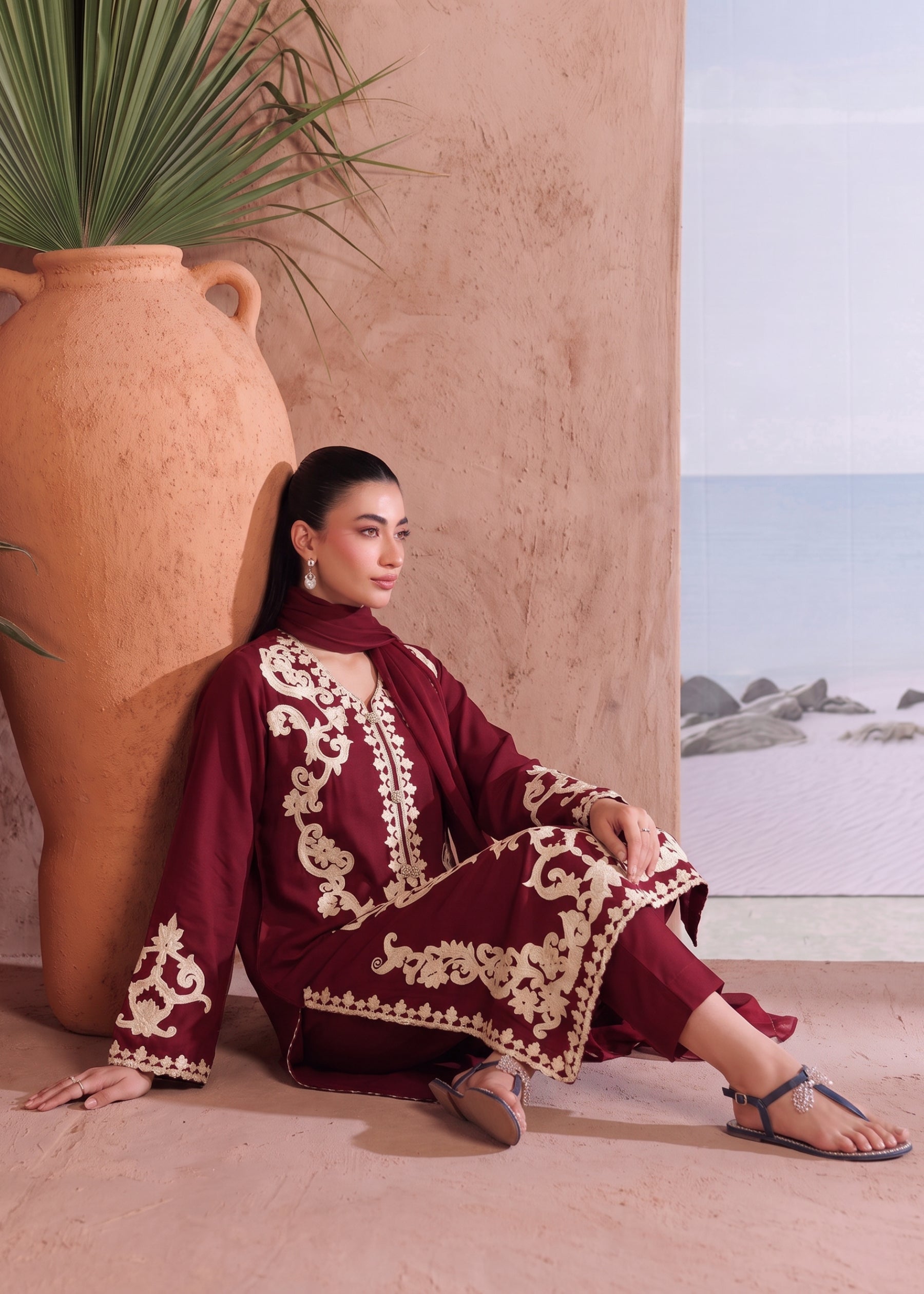 linen Kurta Set in Blood red
