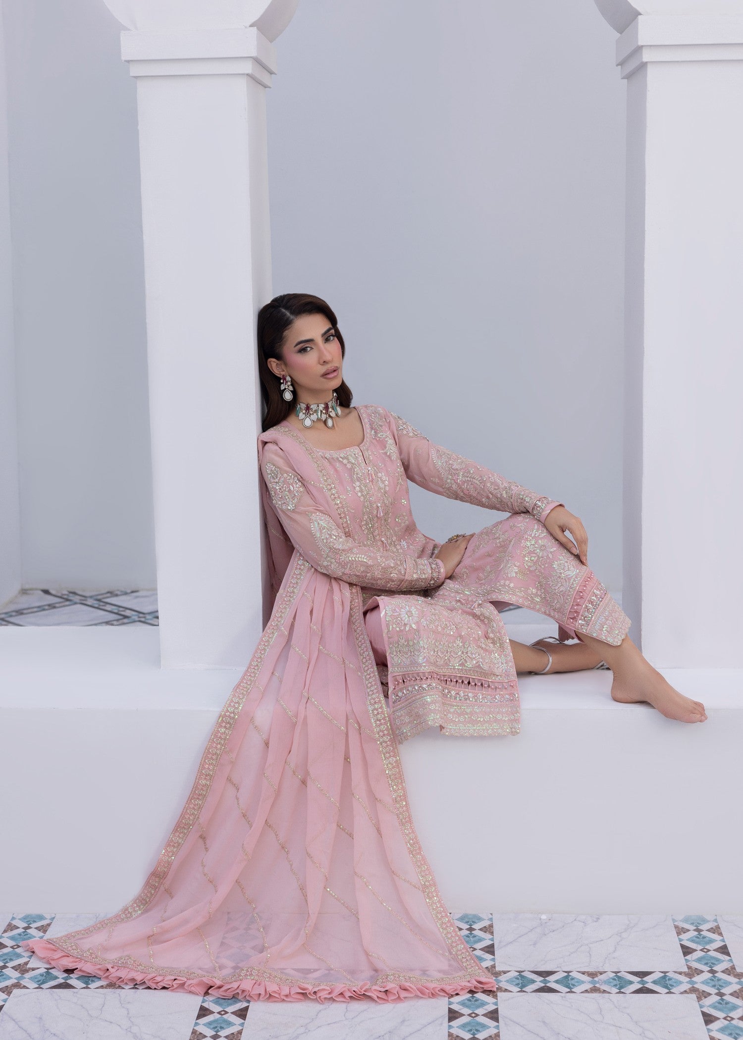 chiffon Kurta Set in Baby pink