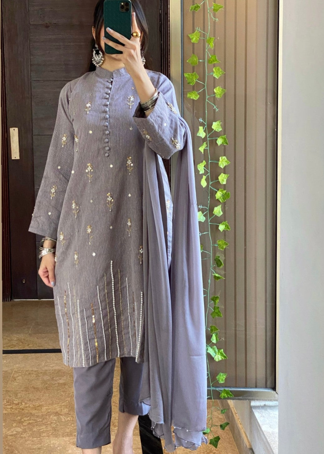cotton karandi Kurta Set in Pastel grey