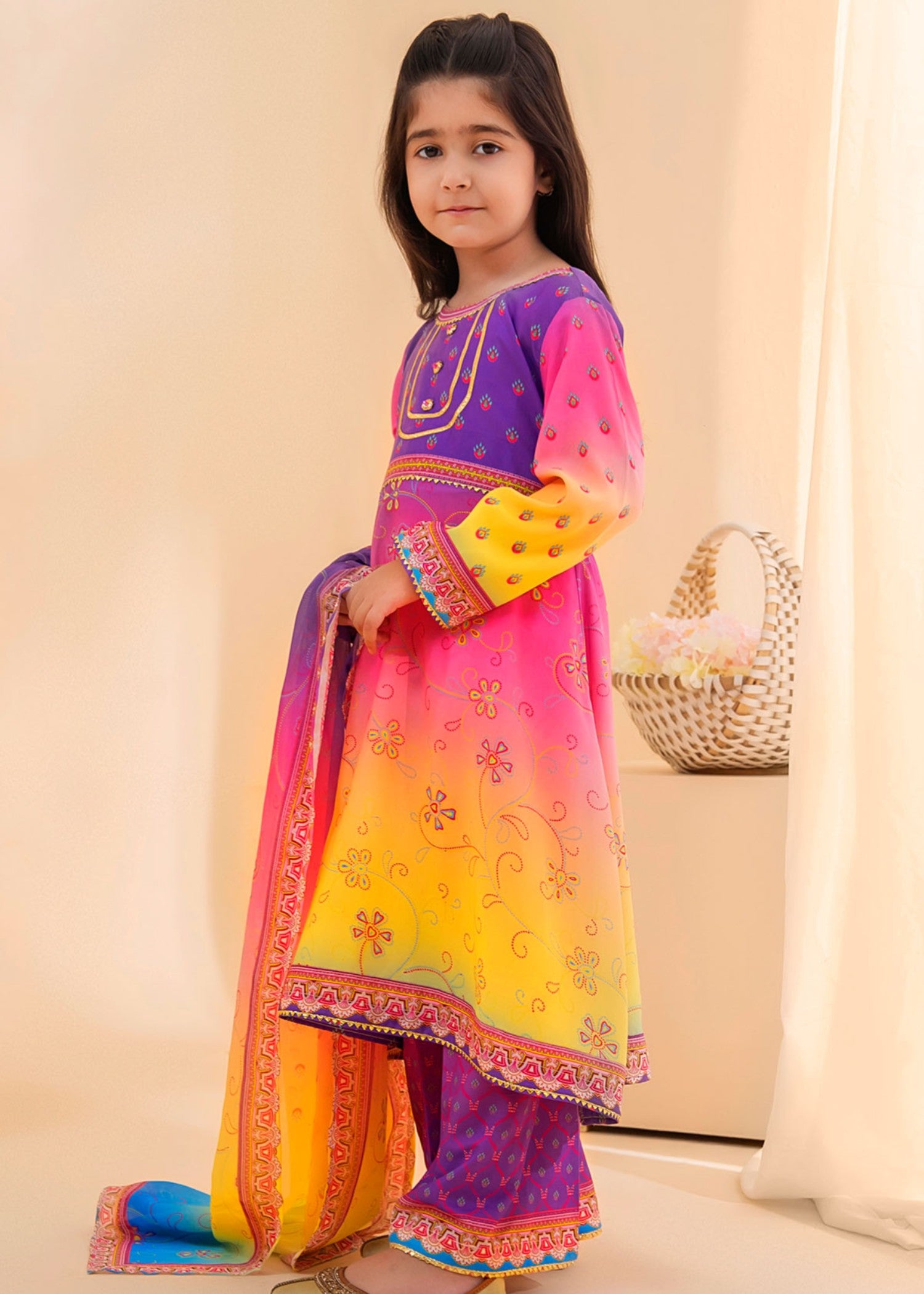 poly lawn Anarkali in Purple, lemon, hot pink red