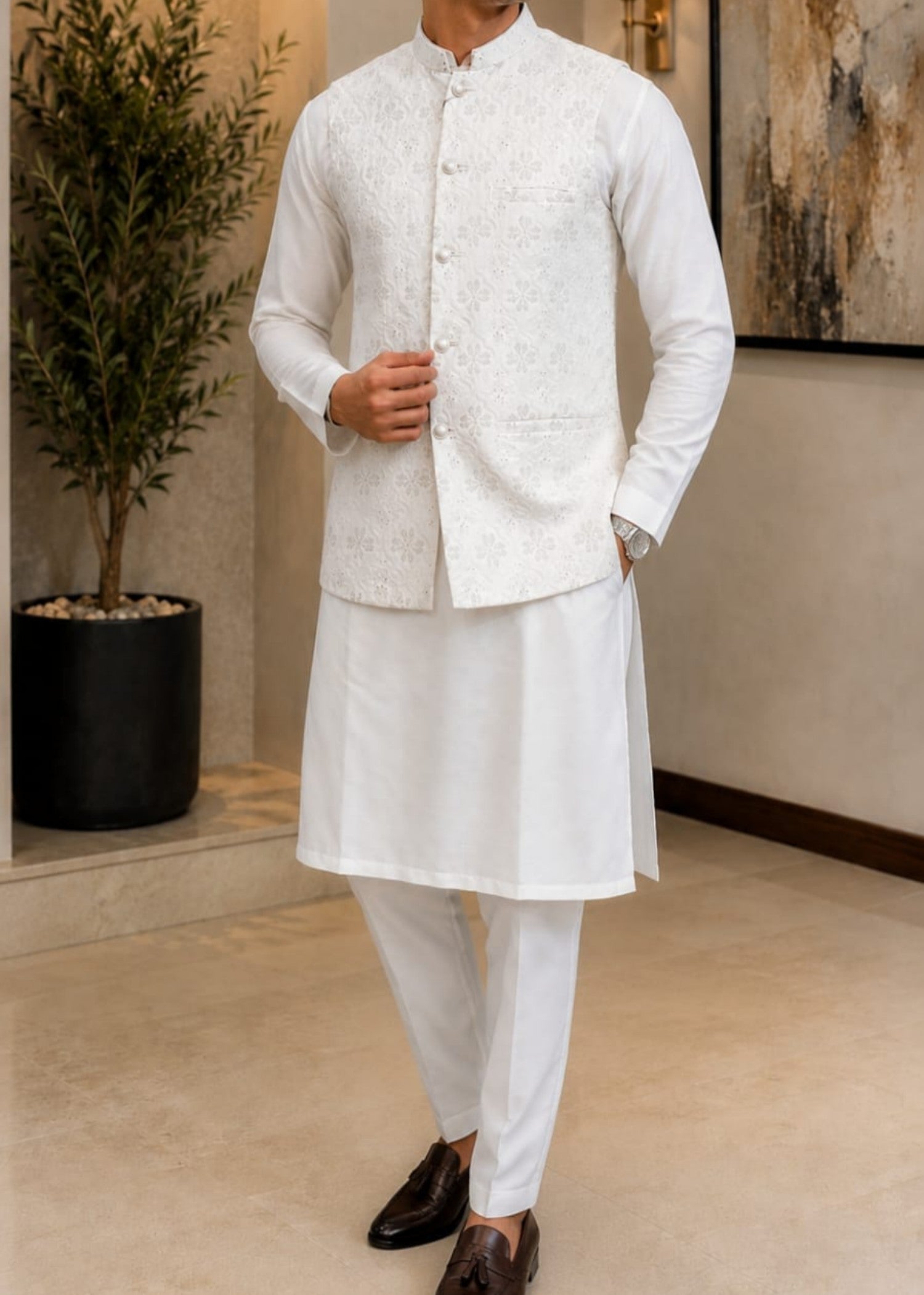 raw silk Waistcoat in Off-white