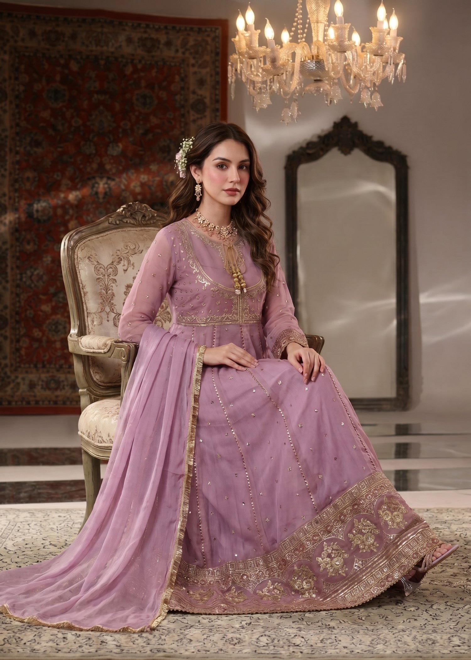 chiffon Anarkali in Mauve pink