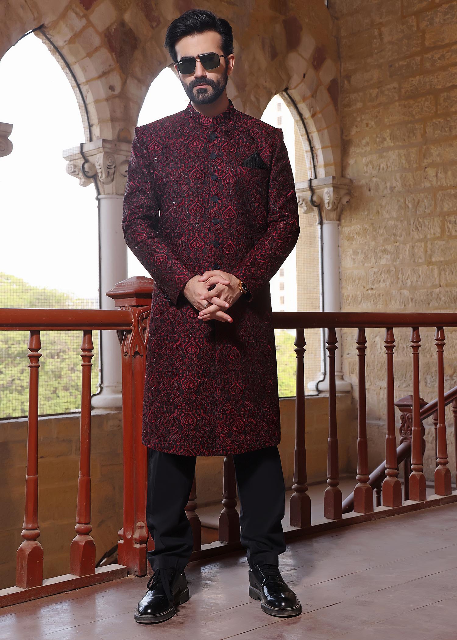 banarsi silk Sherwani in Maroon