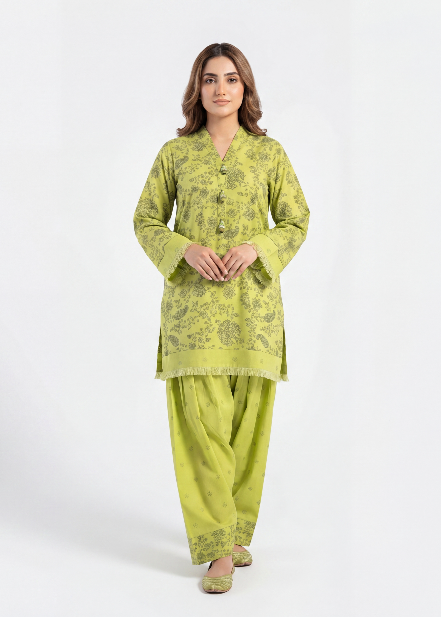 silk finish lawn Kurta Set in Key lime