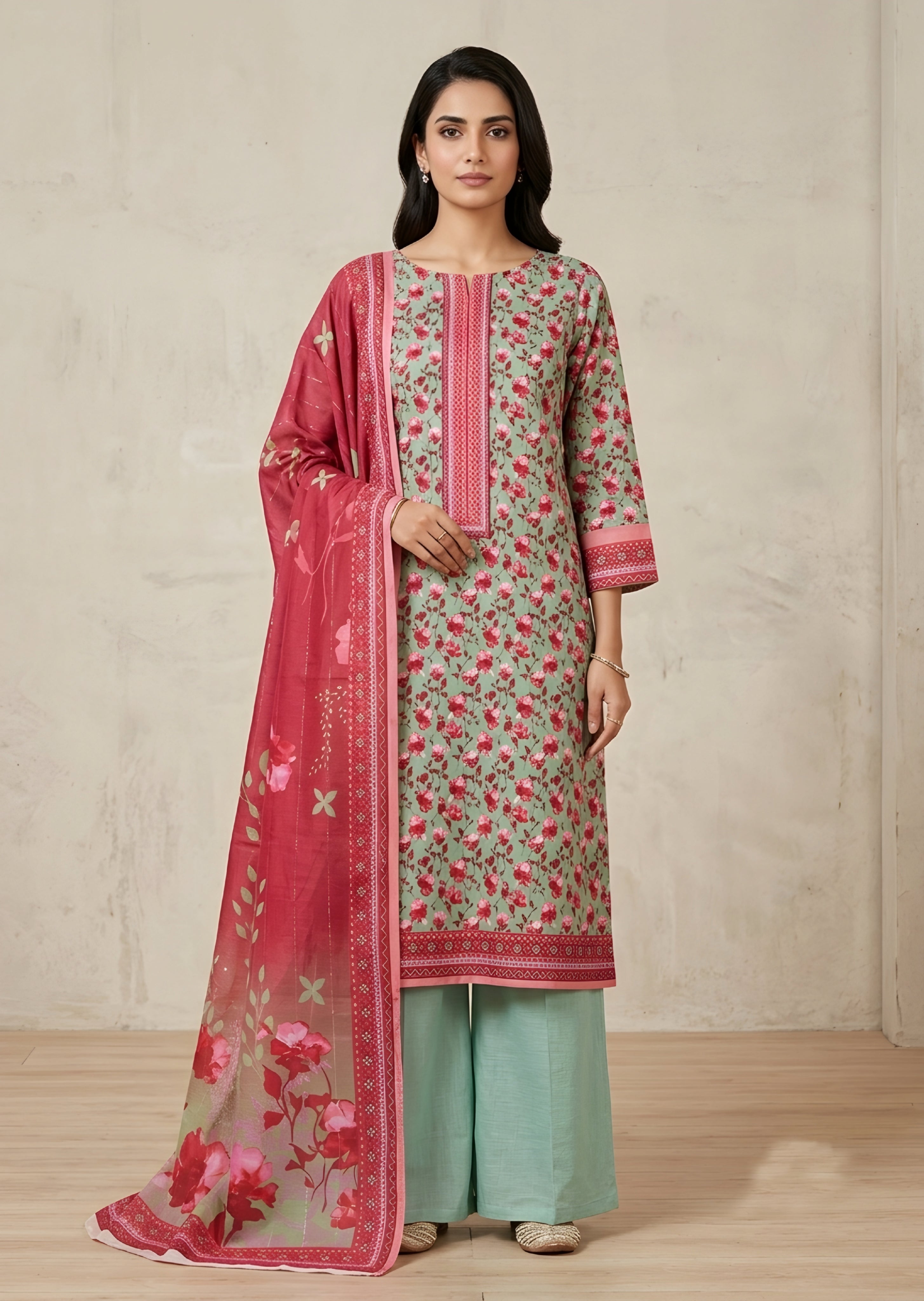 lawn Unstitched in Blush red, moss green