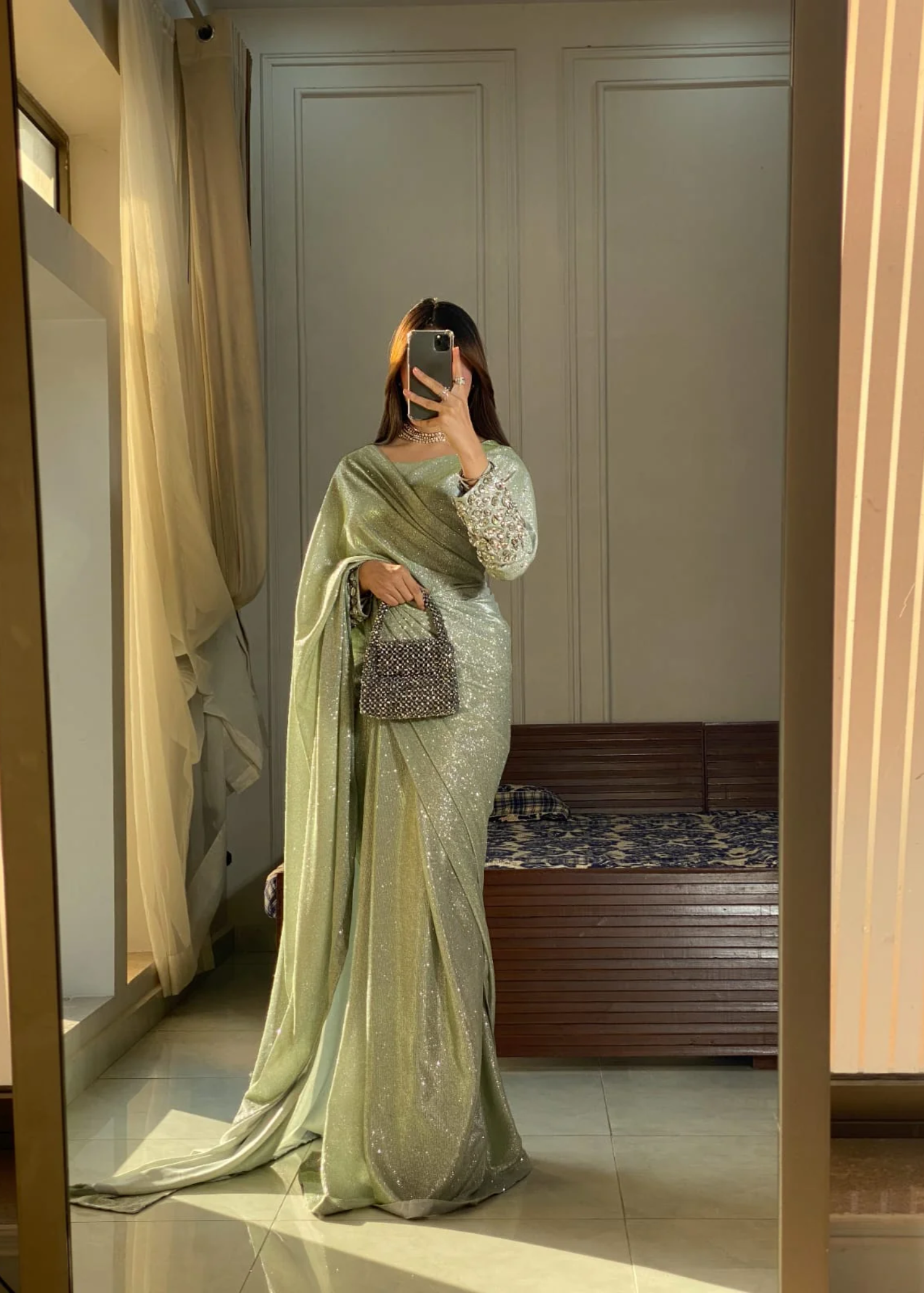 silk Saree in Mint green