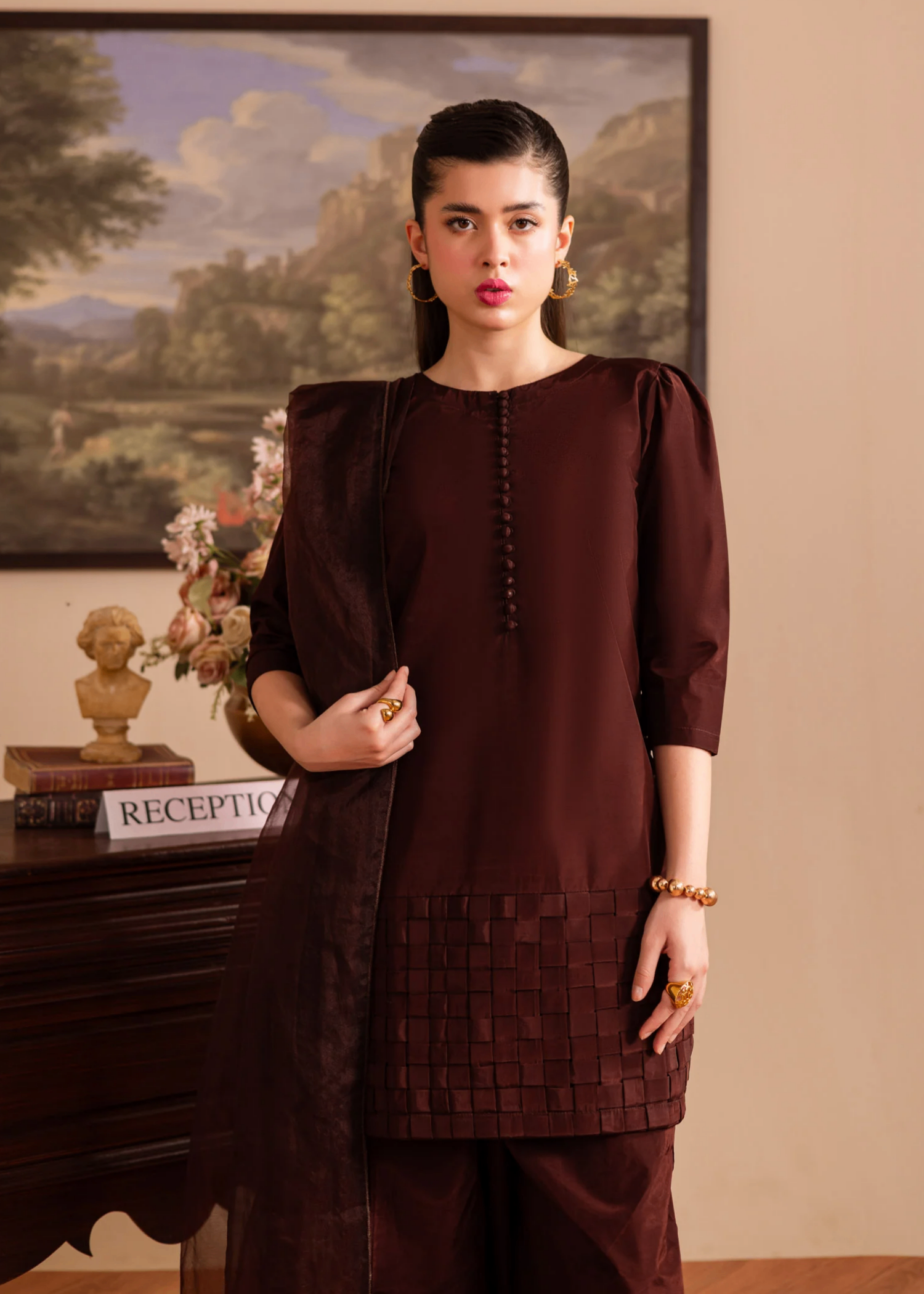 silk Kurta Set in Brunette brown