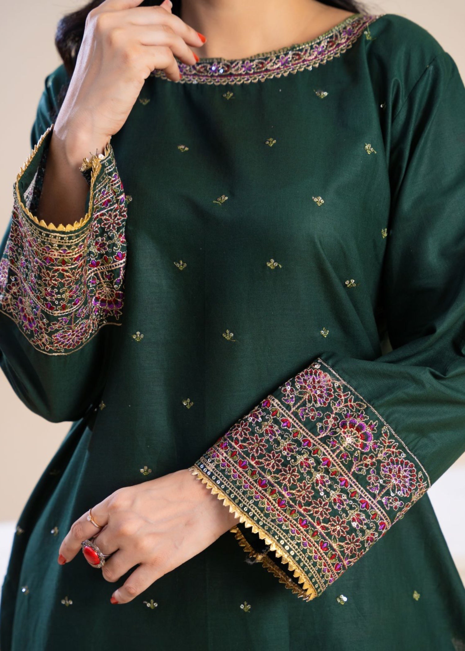 cambric Kurta Set in Bottle green