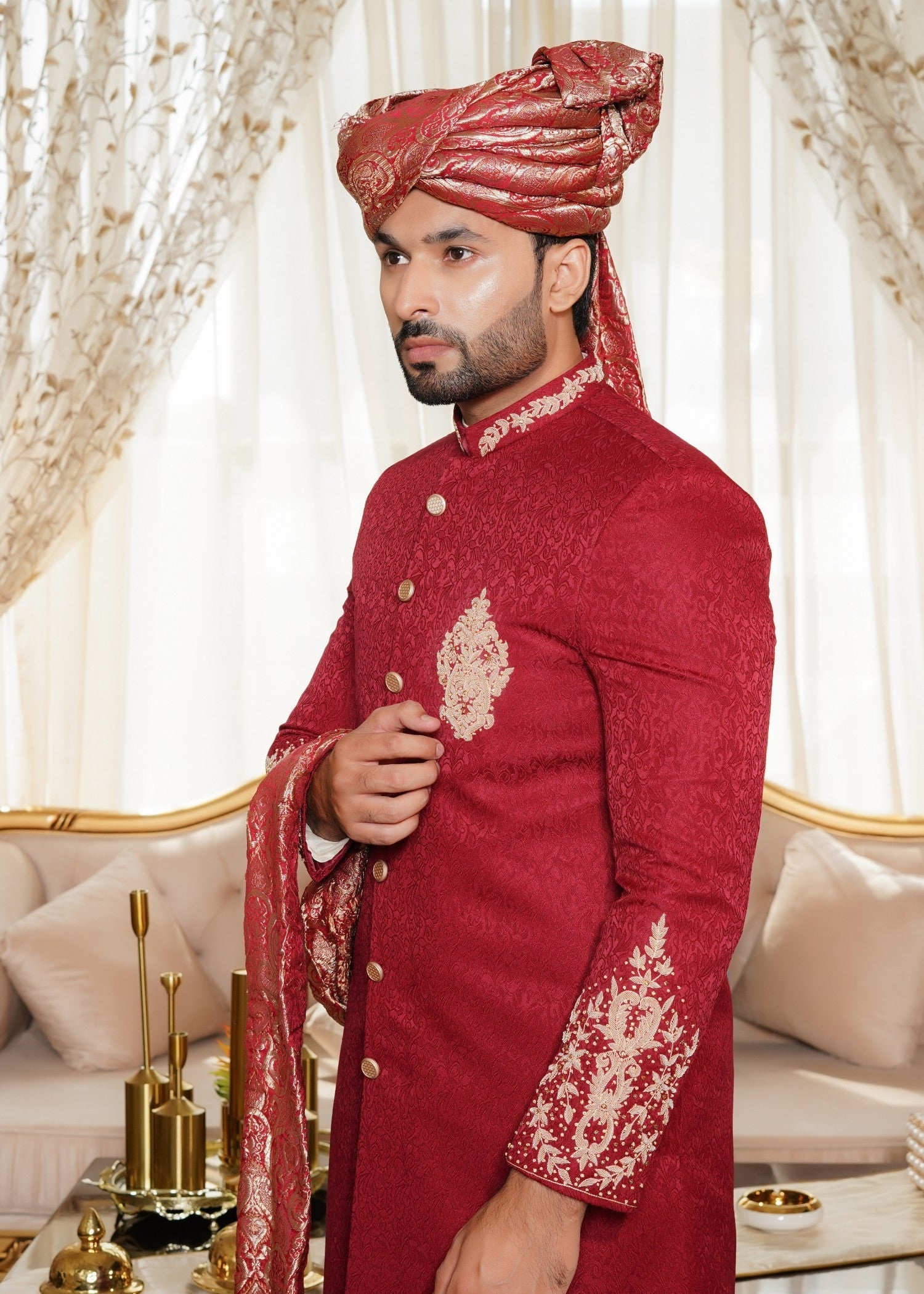 jamawar Sherwani in Maroon