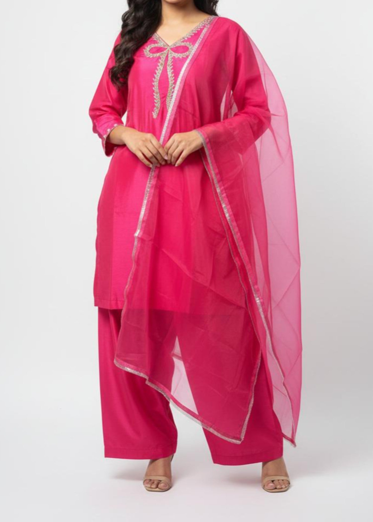 pk grip silk Kurta Set in Hot pink