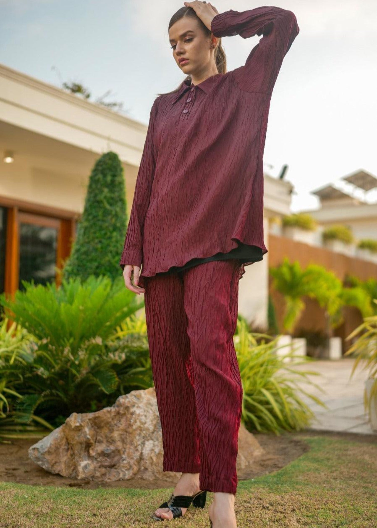 crepe Co Ord Sets in Maroon