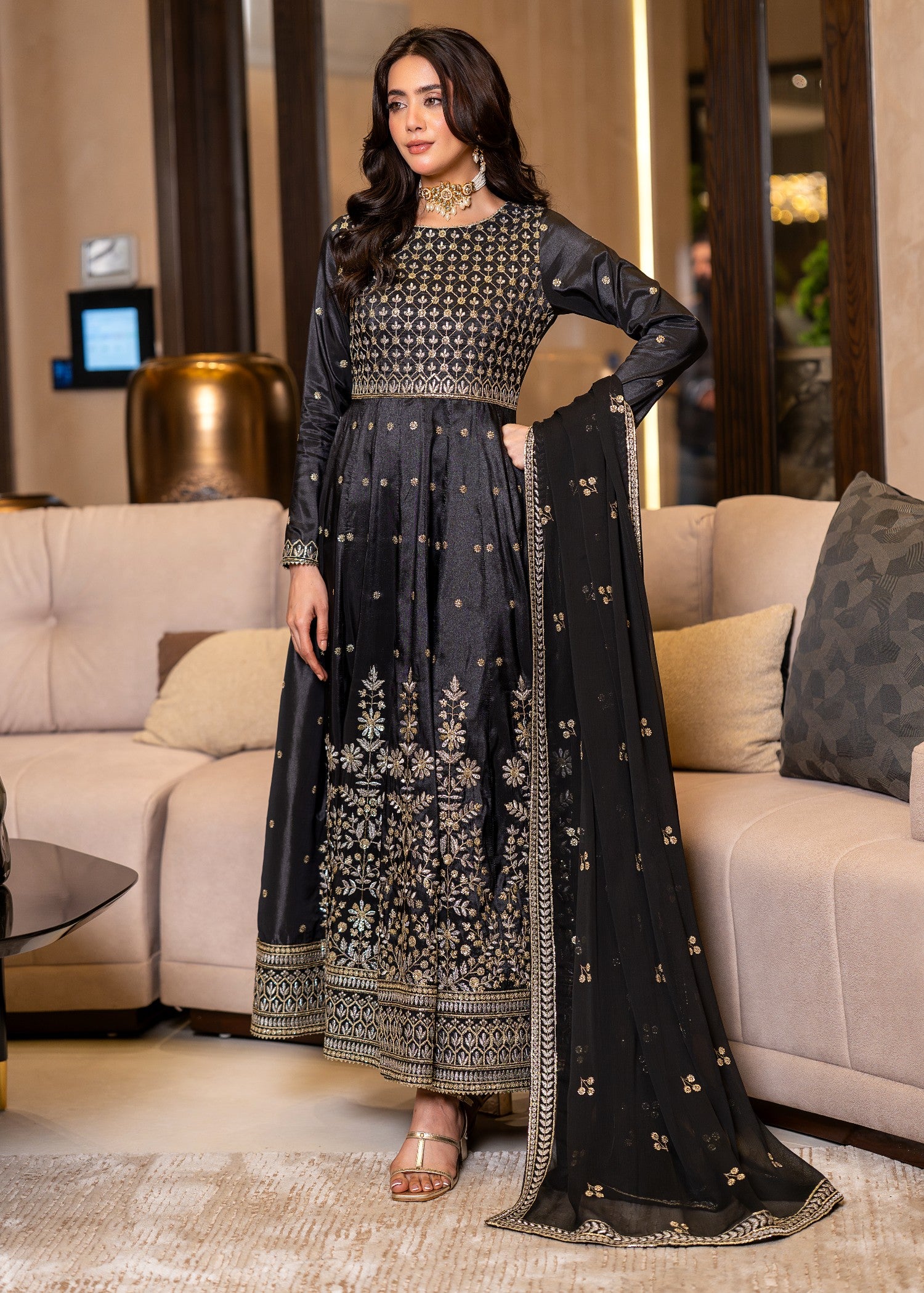 kattan silk Anarkali in Black