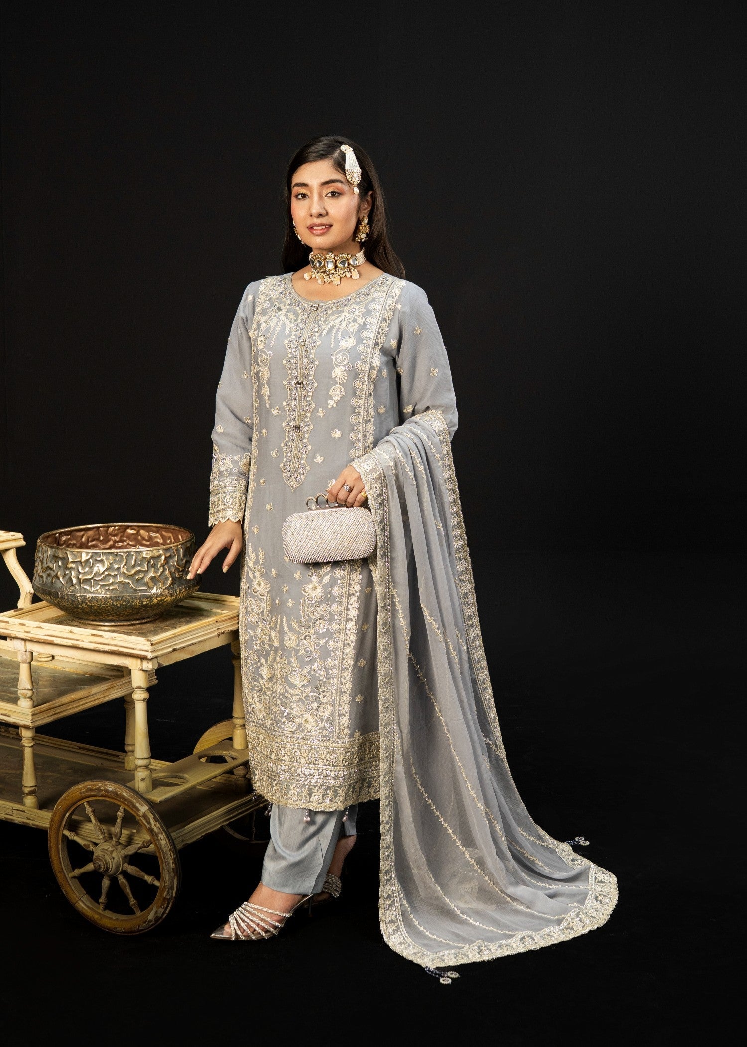 crinkle chiffon Kurta Set in Grey