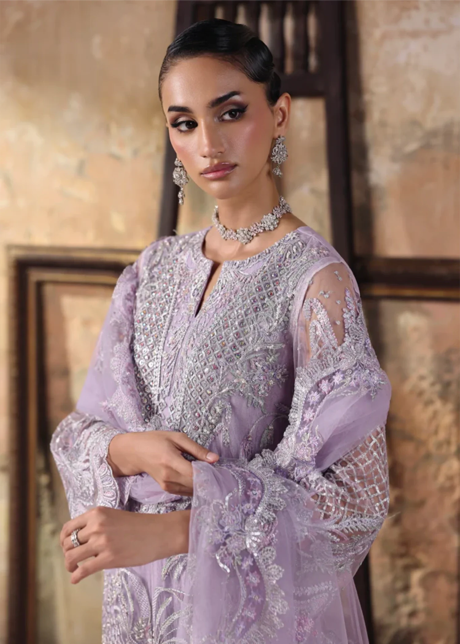 net Kurta Set in Lilac