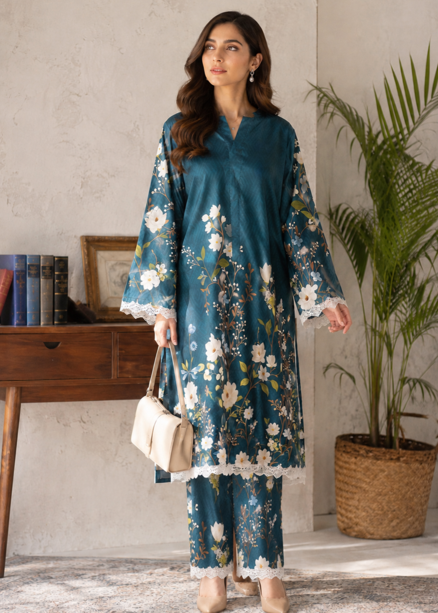 poly lawn Co Ord Sets in Teal, off-white