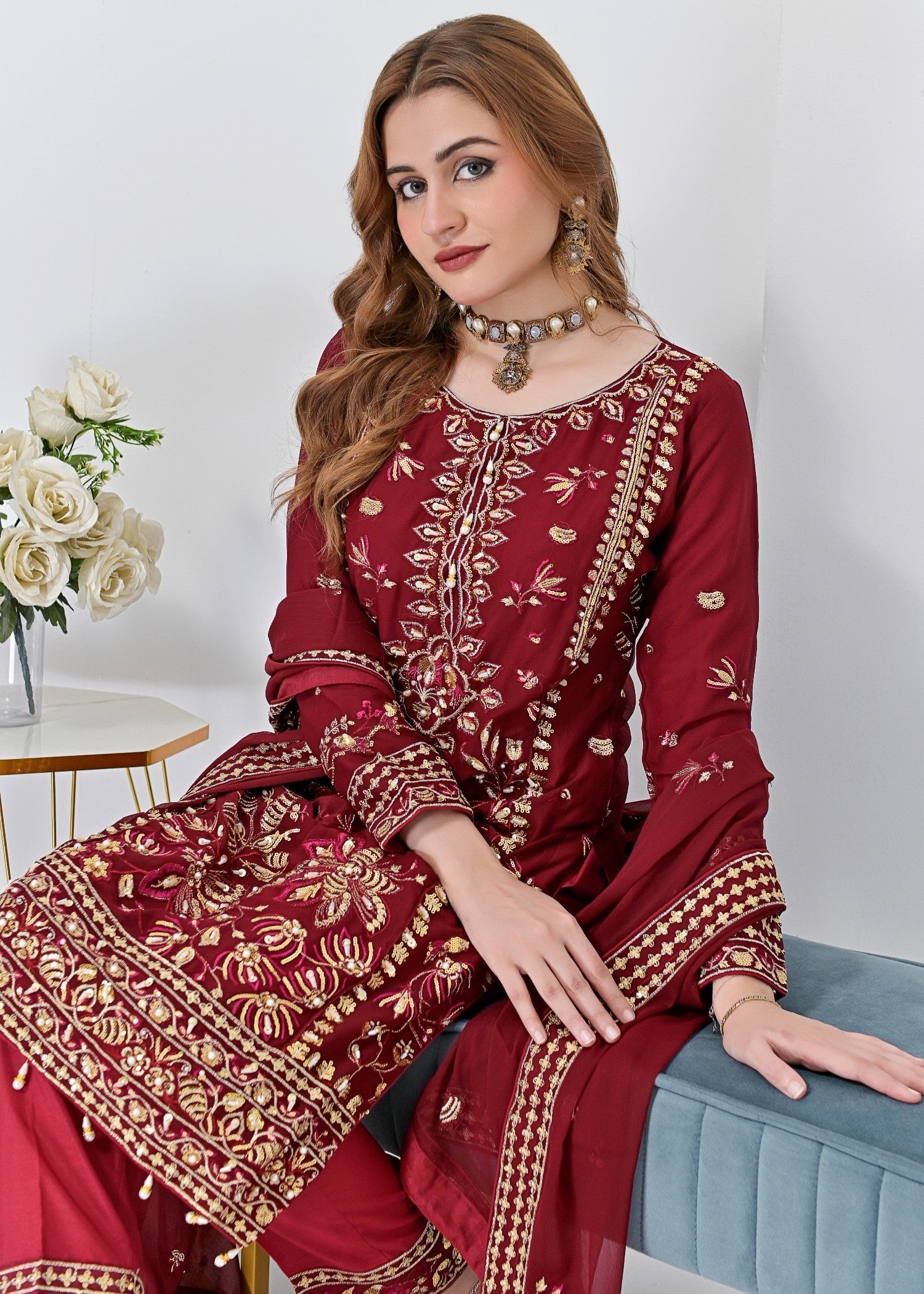 crinkle chiffon Kurta Set in Maroon