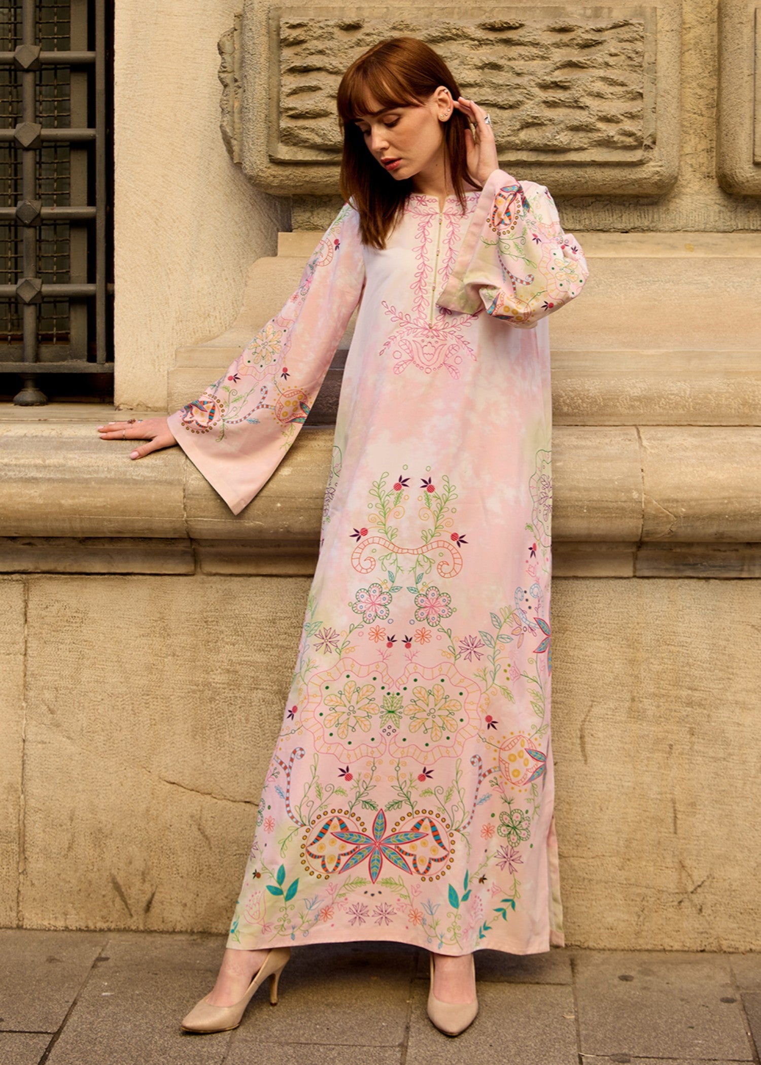 crepe polyester Kaftan in Pink