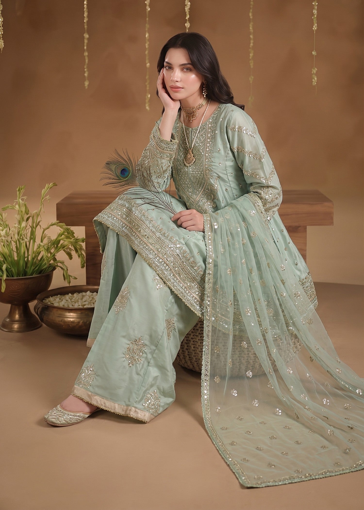 kattan silk Short Frock in Moss green