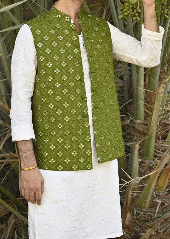 raw silk Waistcoat in Green by HK Fashion