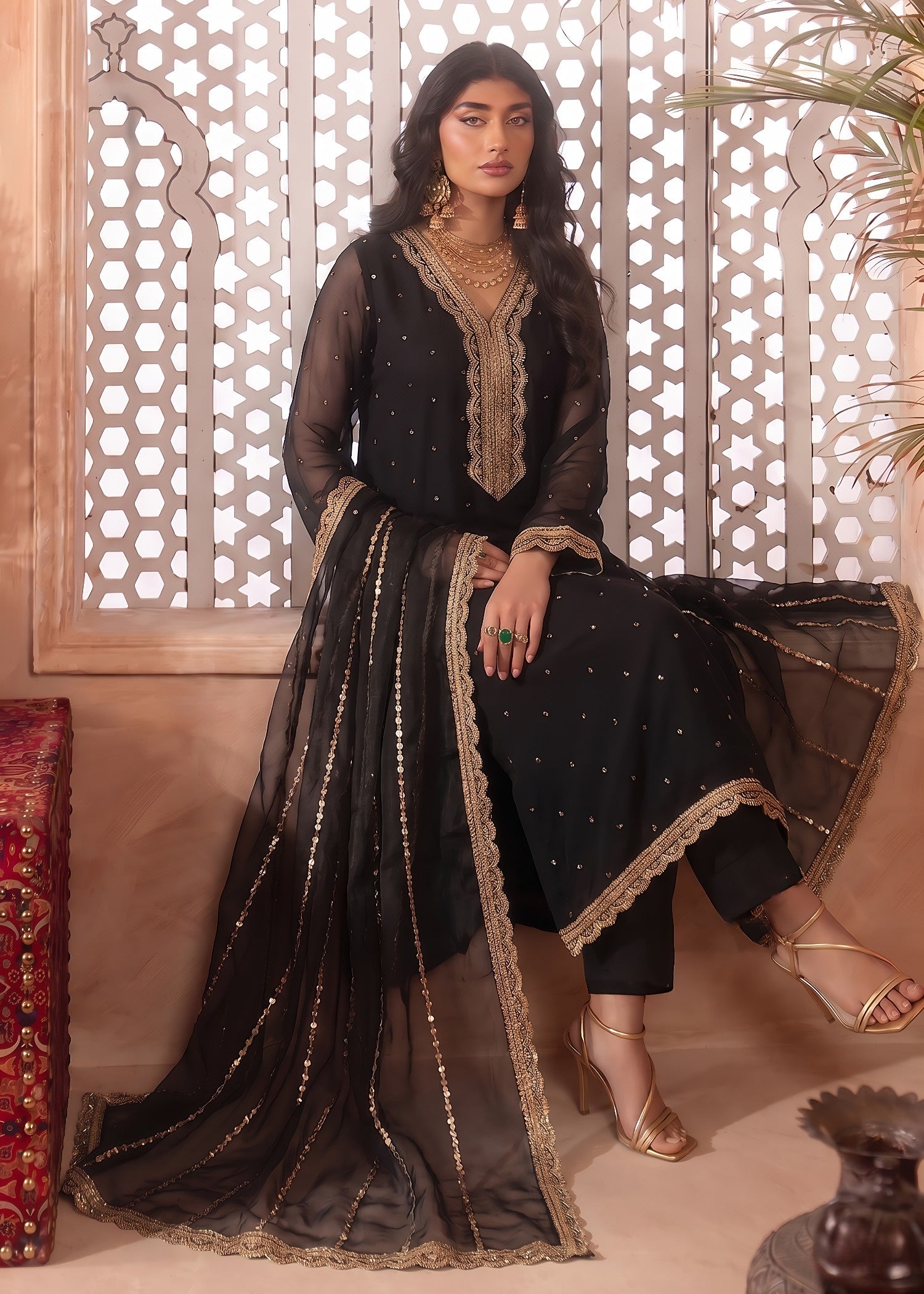 bemberg crinkle chiffon Kurta Set in Jet black