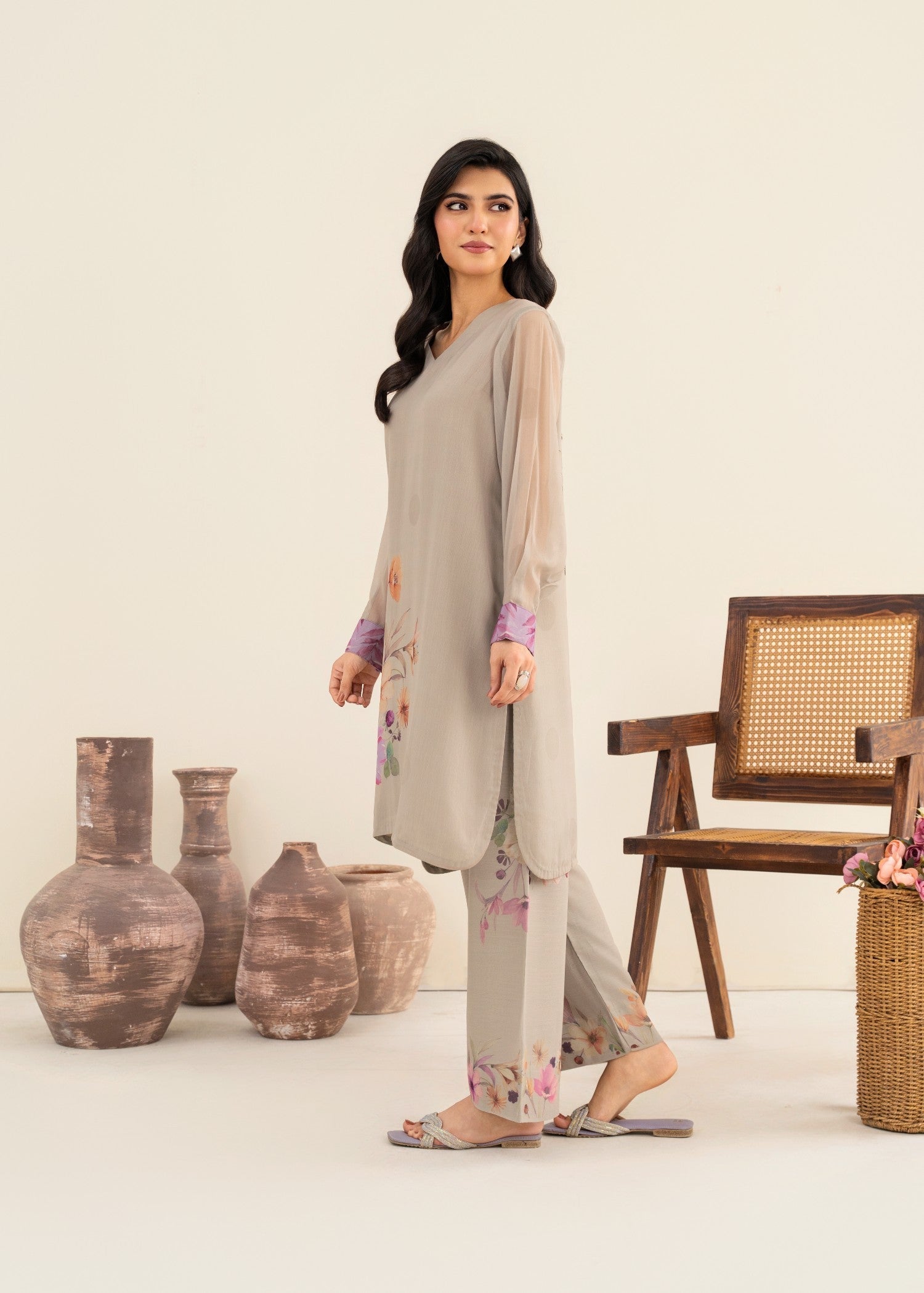 silk Kurta Set in Ash grey