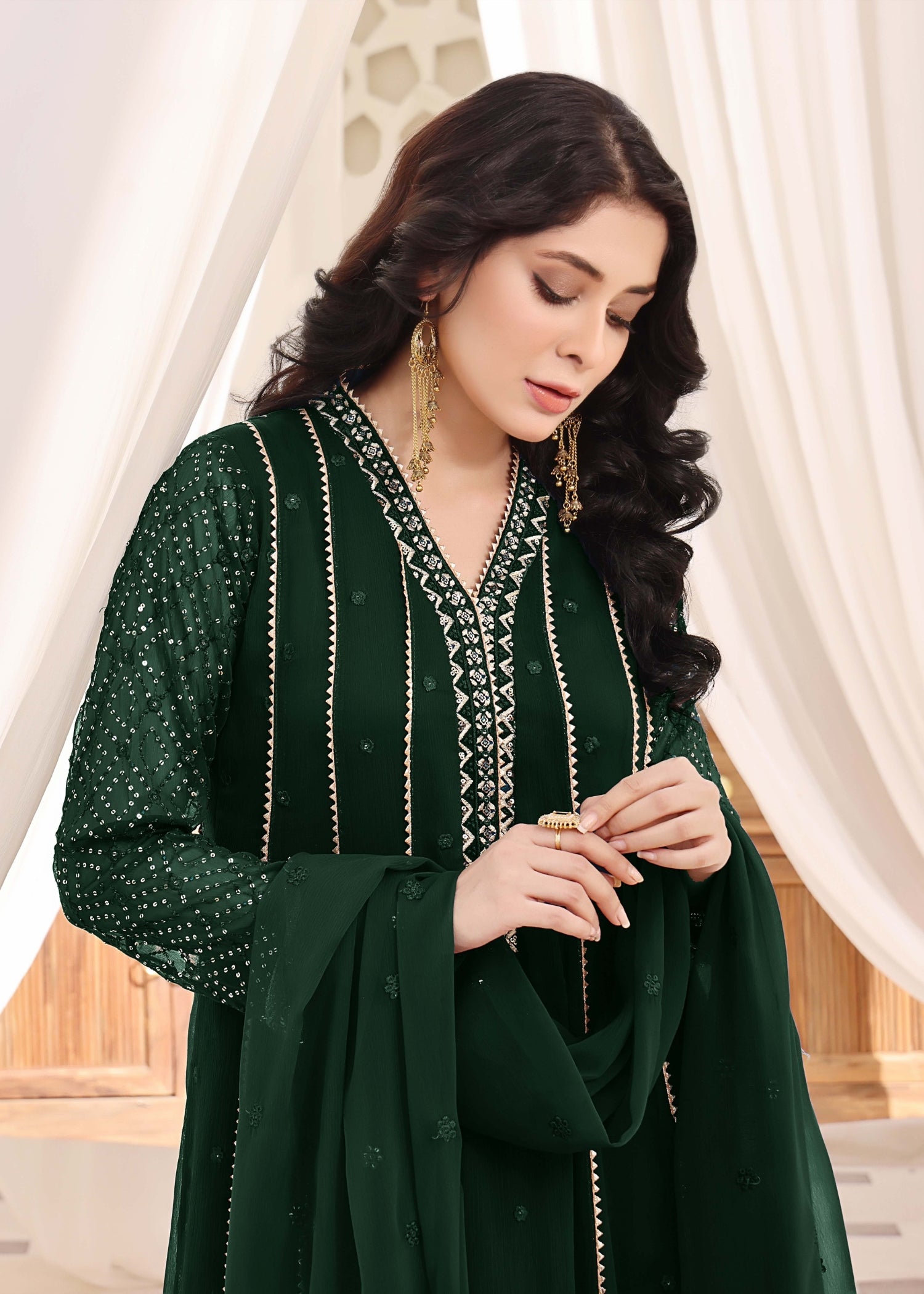 chiffon Anarkali in Dark green