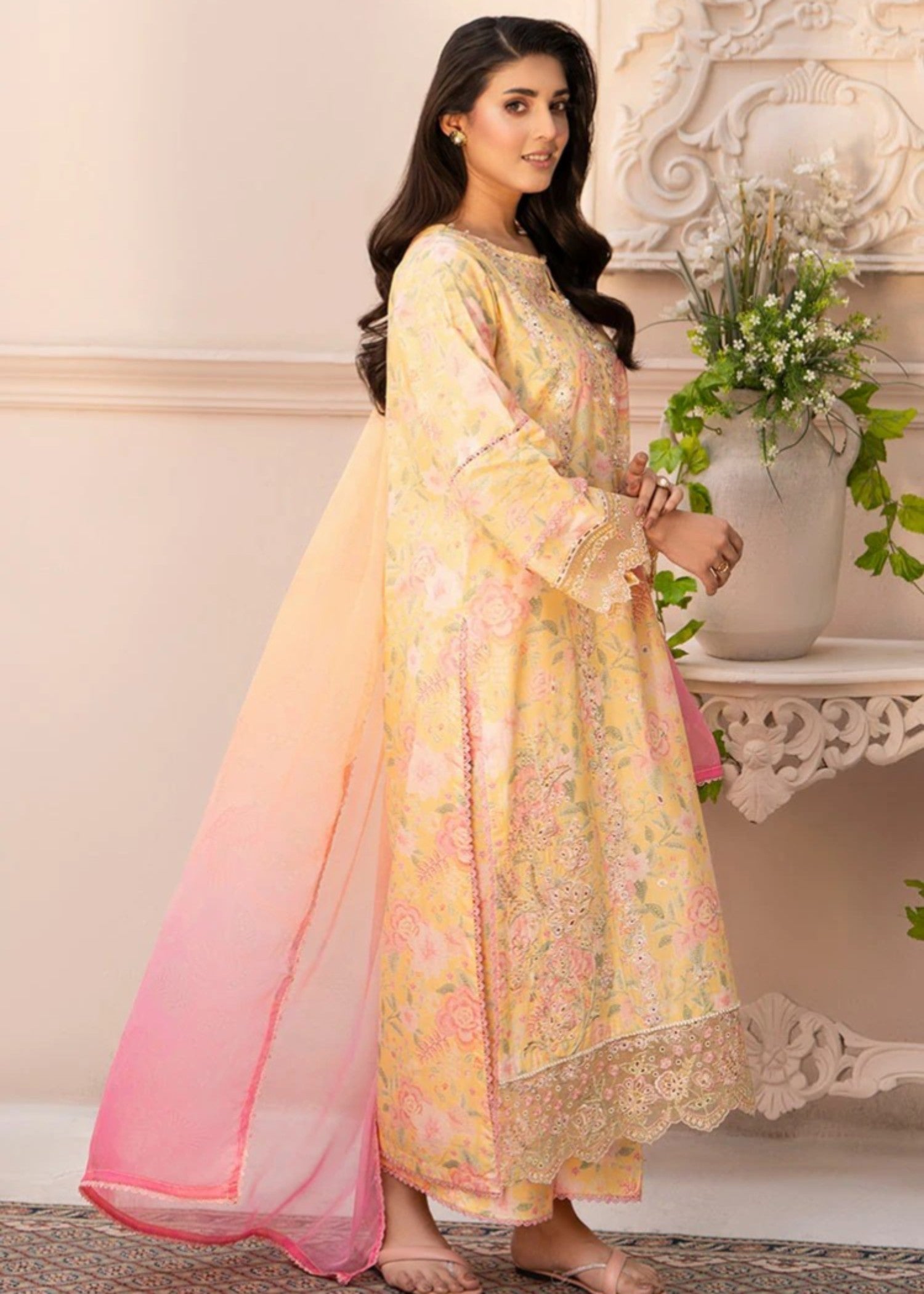 cambric Kurta Set in Light yellow