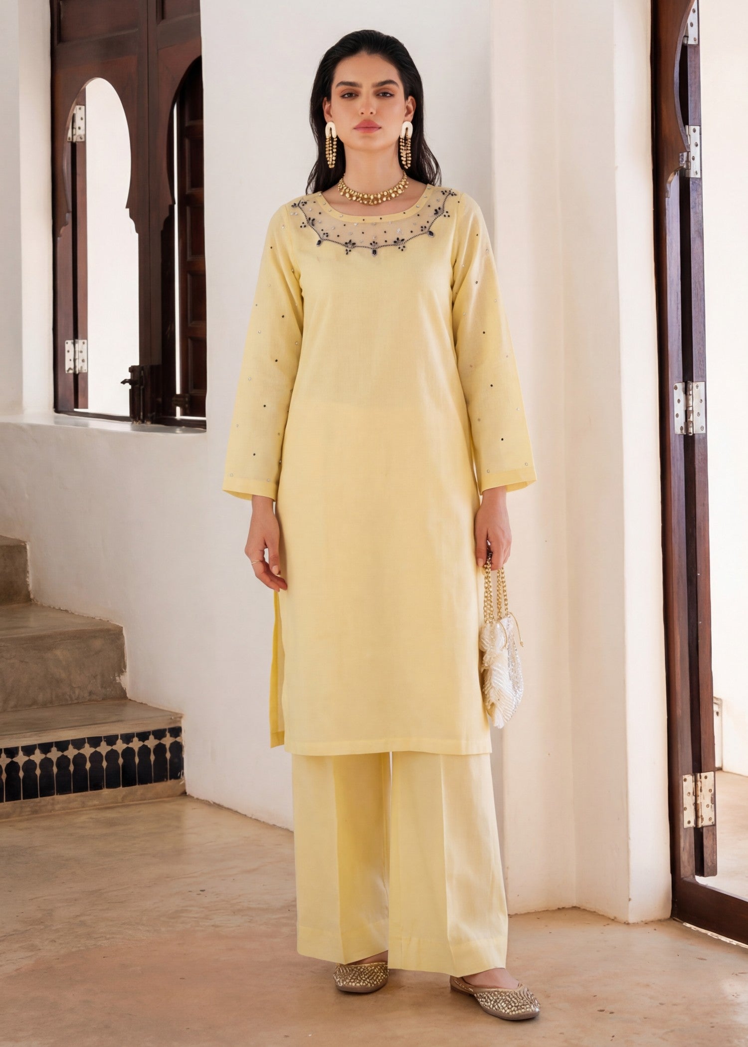 textured lawn Kurta Set in Lemon