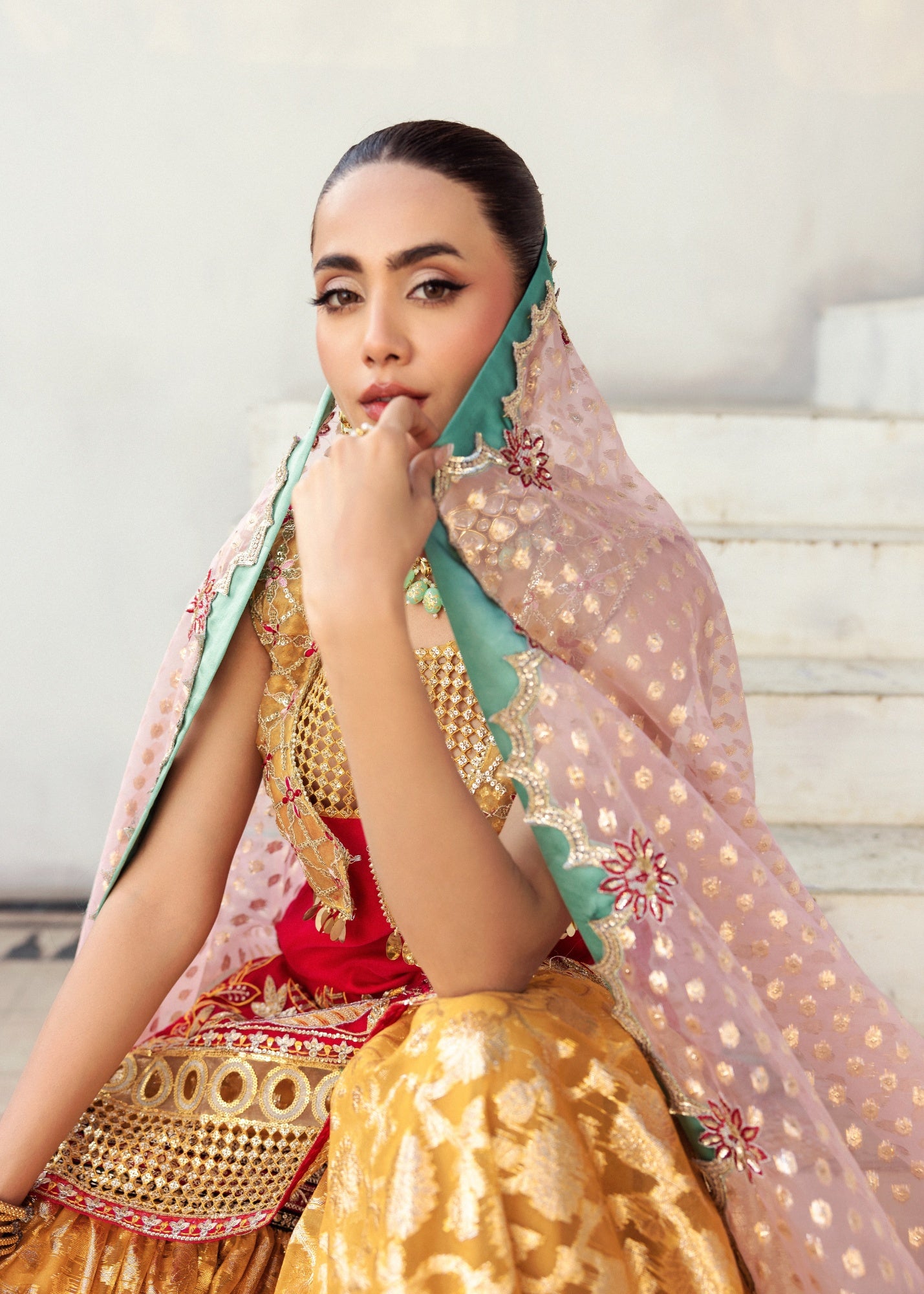 organza Gharara in Scarlet