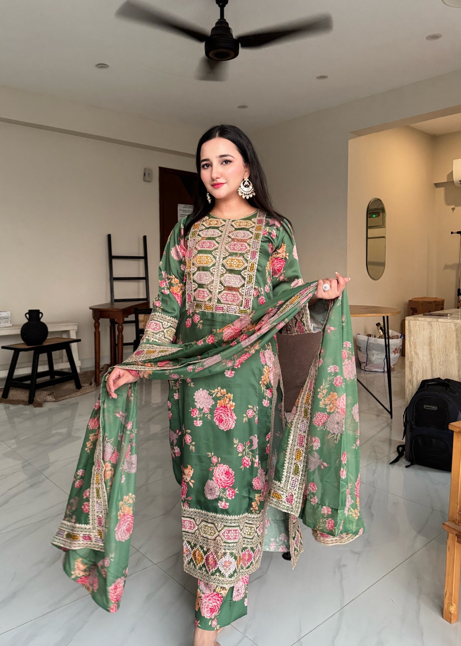 silk Kurta Set in Fern green