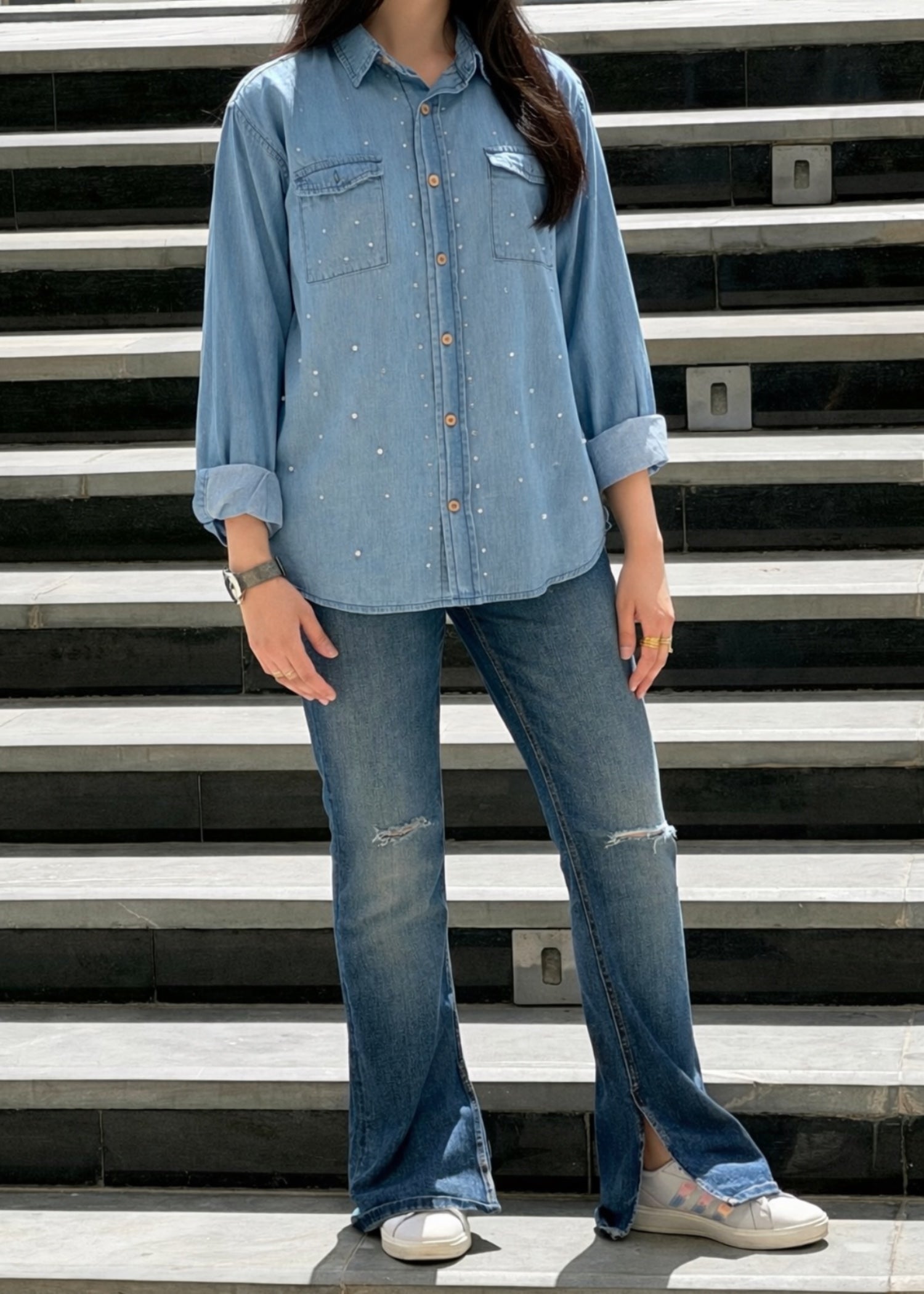 denim-like chambray Top in Sky blue