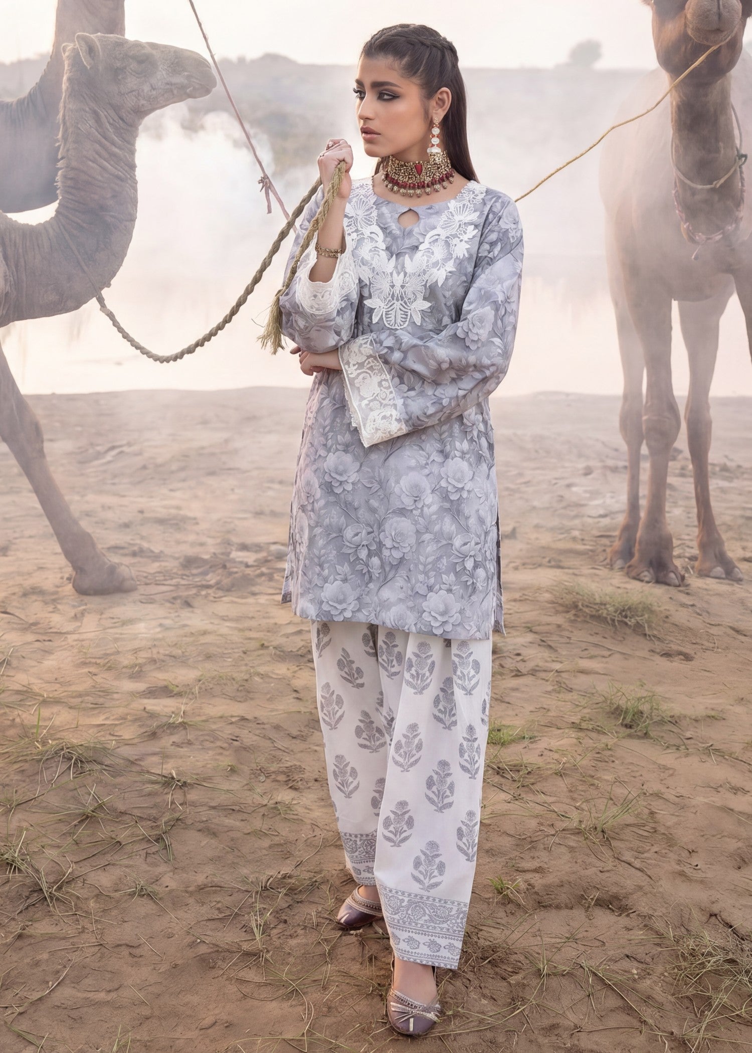 cotton jacquard Kurta Set in Dark grey