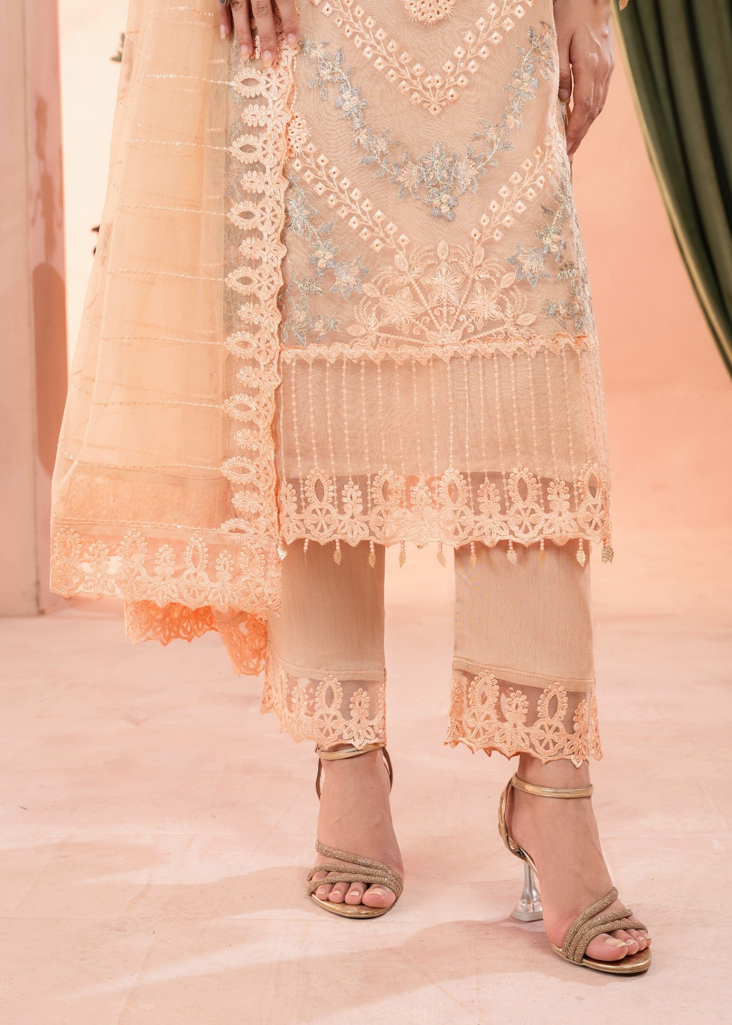organza Kurta Set in Peach orange