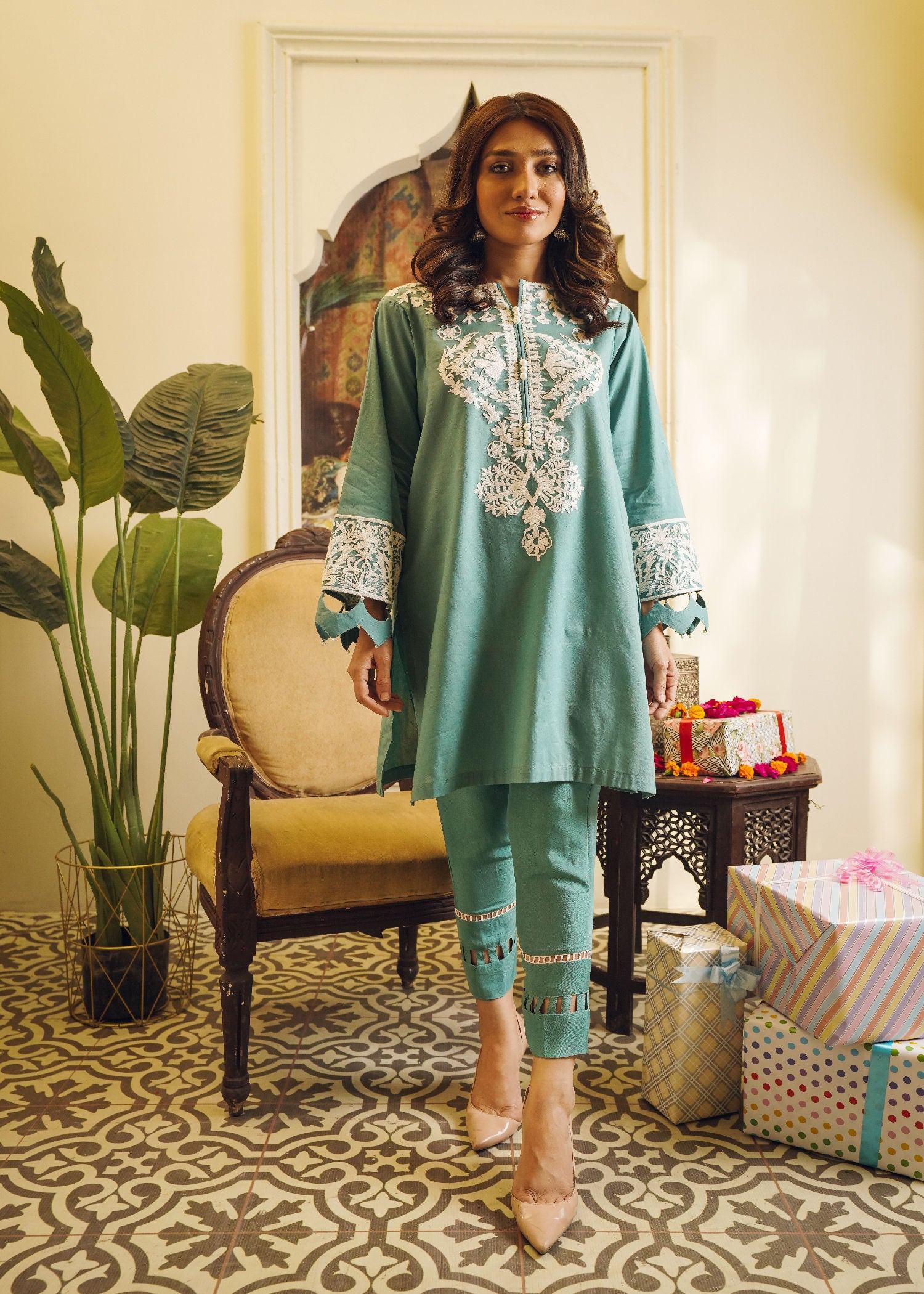 cotton Kurta Set in Emerald green