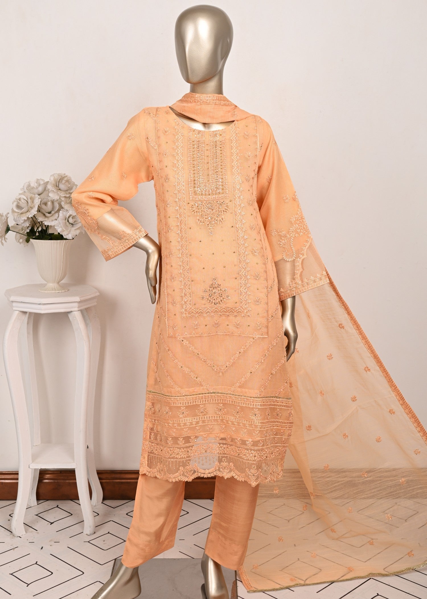 polyester net Kurta Set in Peach pink