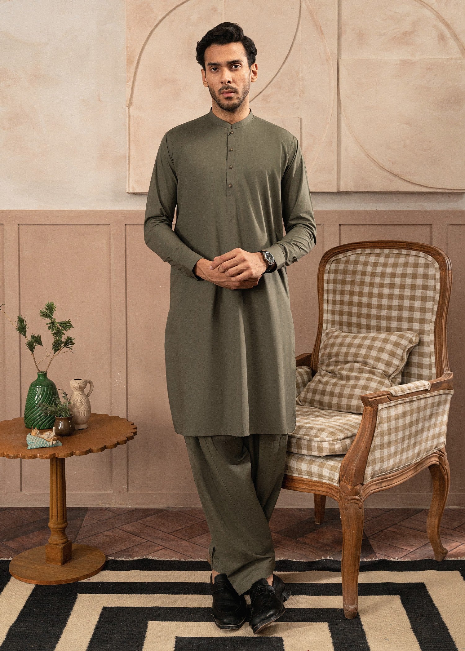 cotton Shalwar Kameez in Olive green