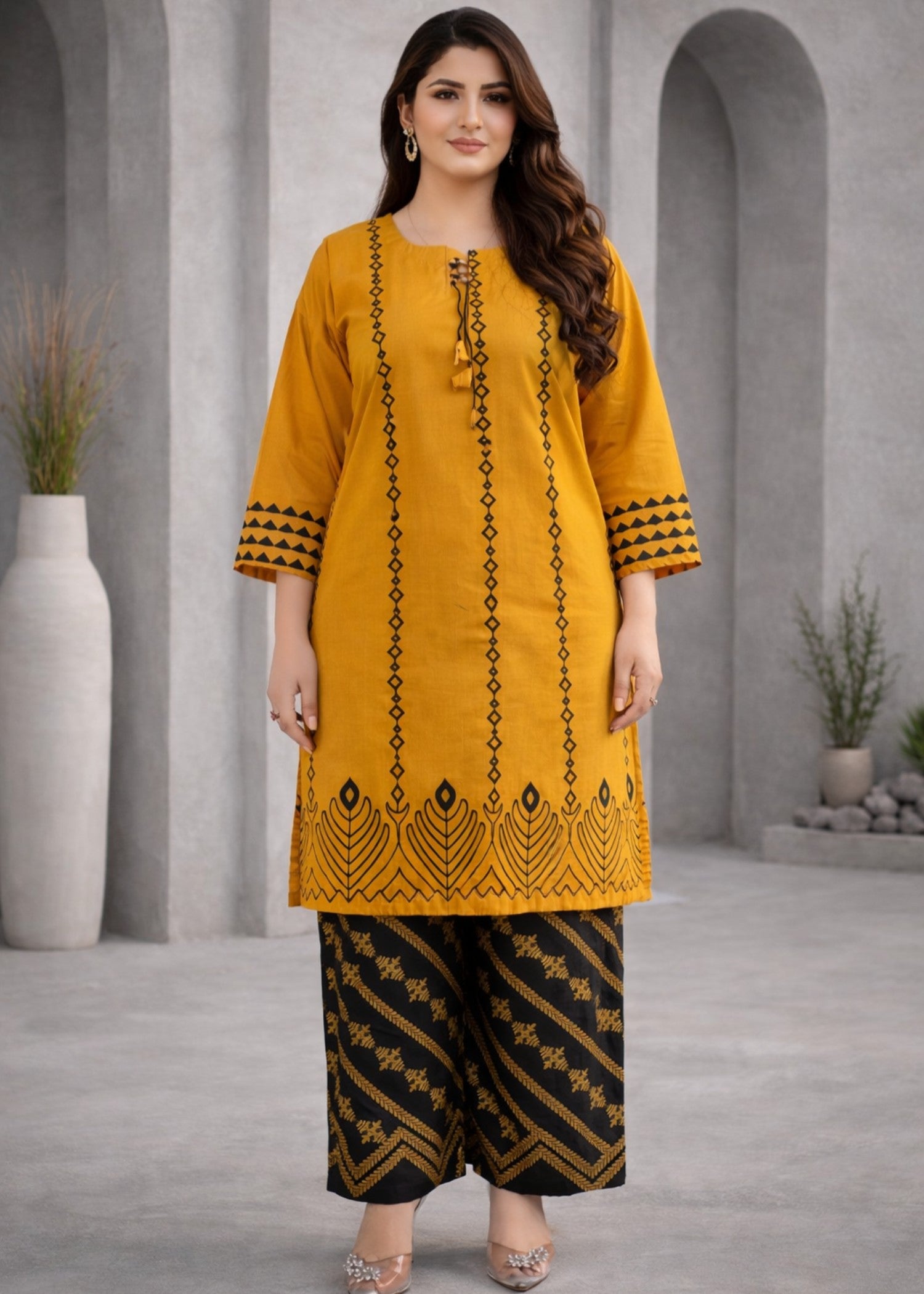 linen Kurta Set in Black, mustard