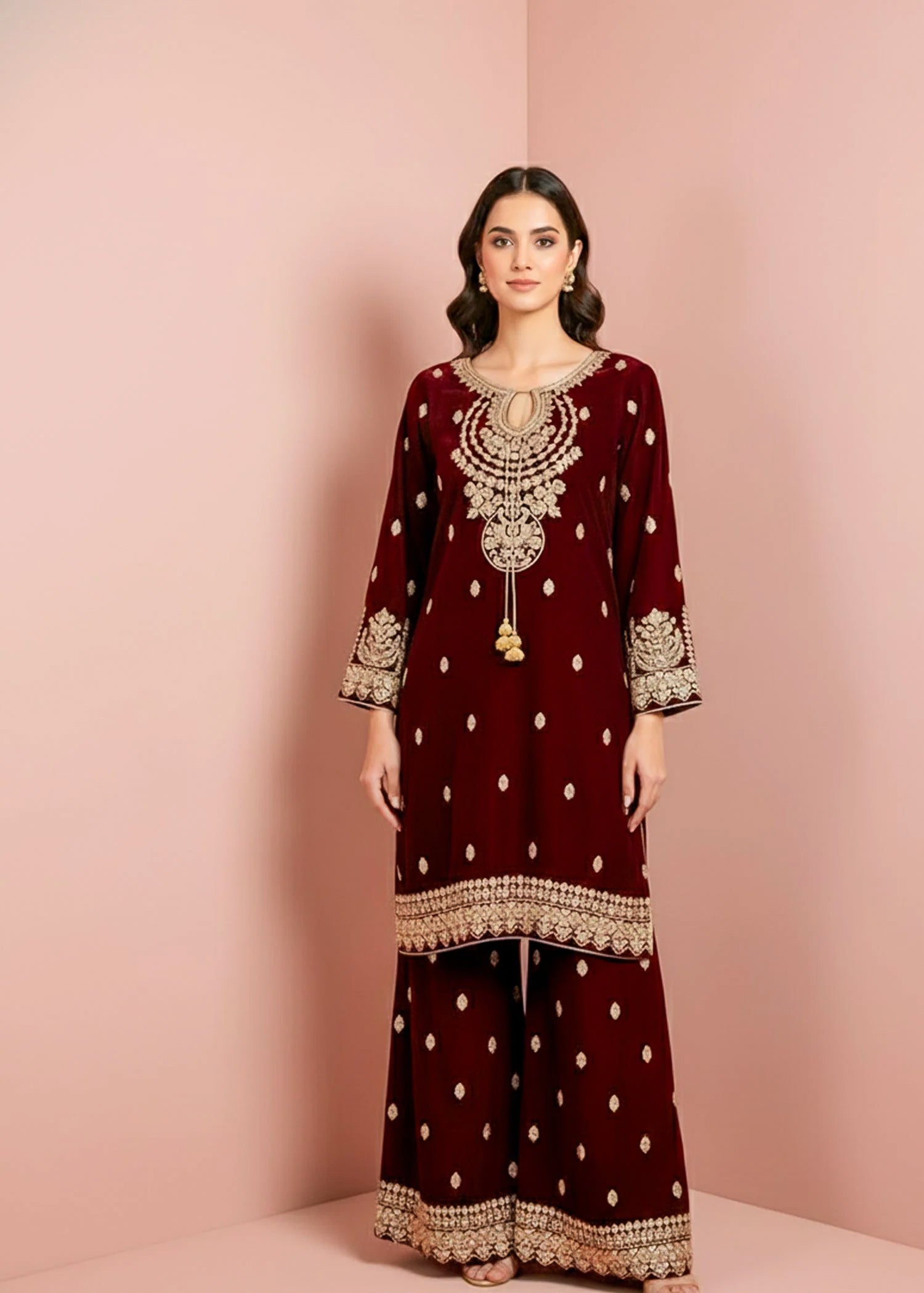 chinese micro velvet 9000 Kurta Set in Maroon