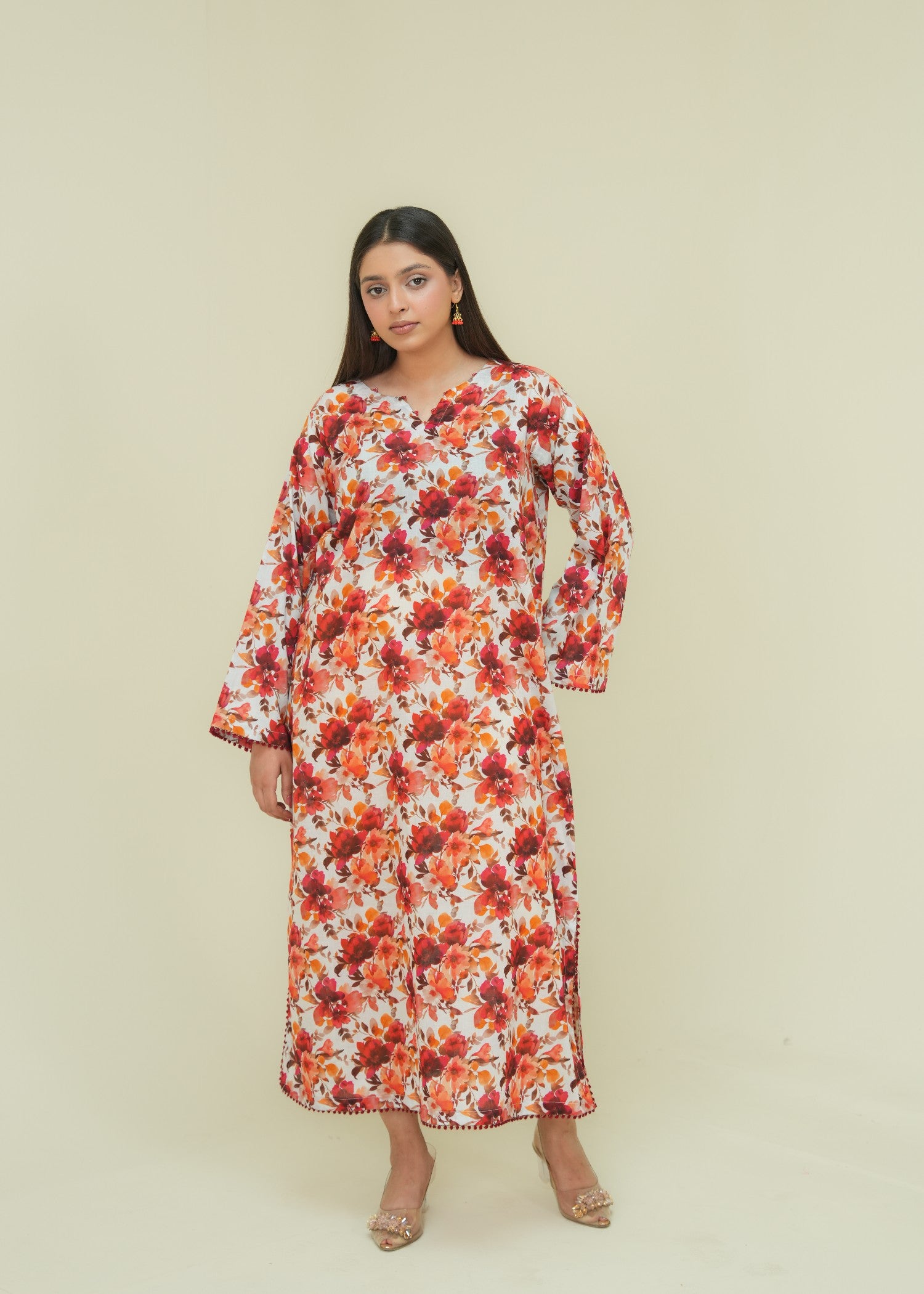 lawn Kaftan in Off-white, mari gold, rose red