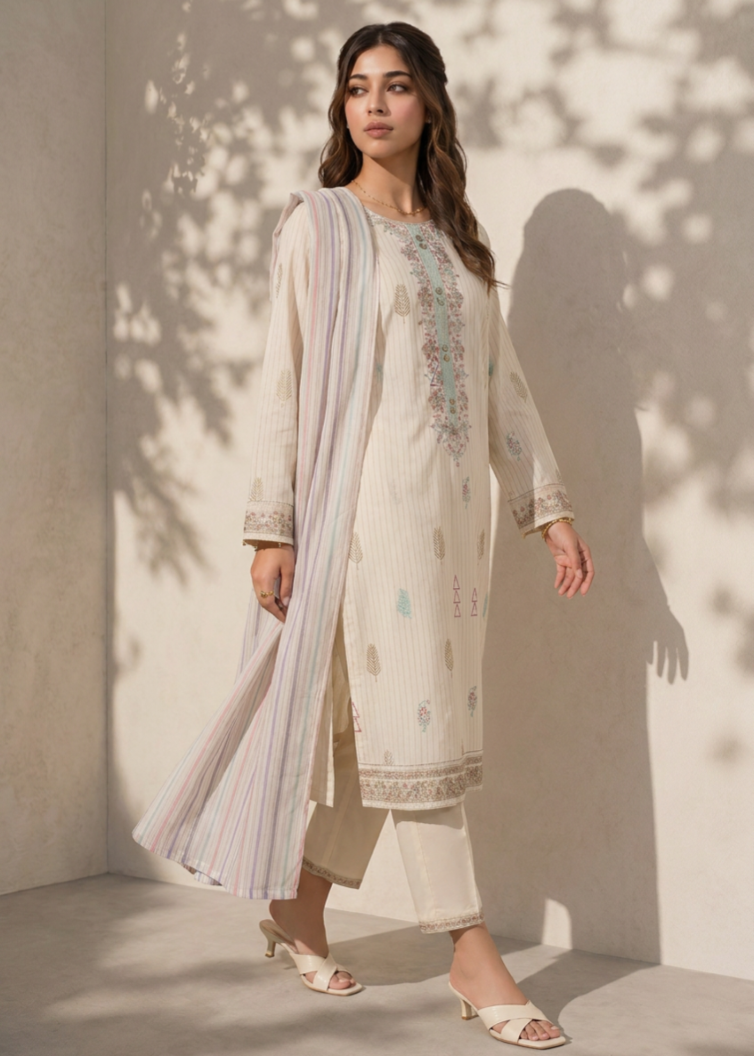 cross hetch Kurta Set in Off-white