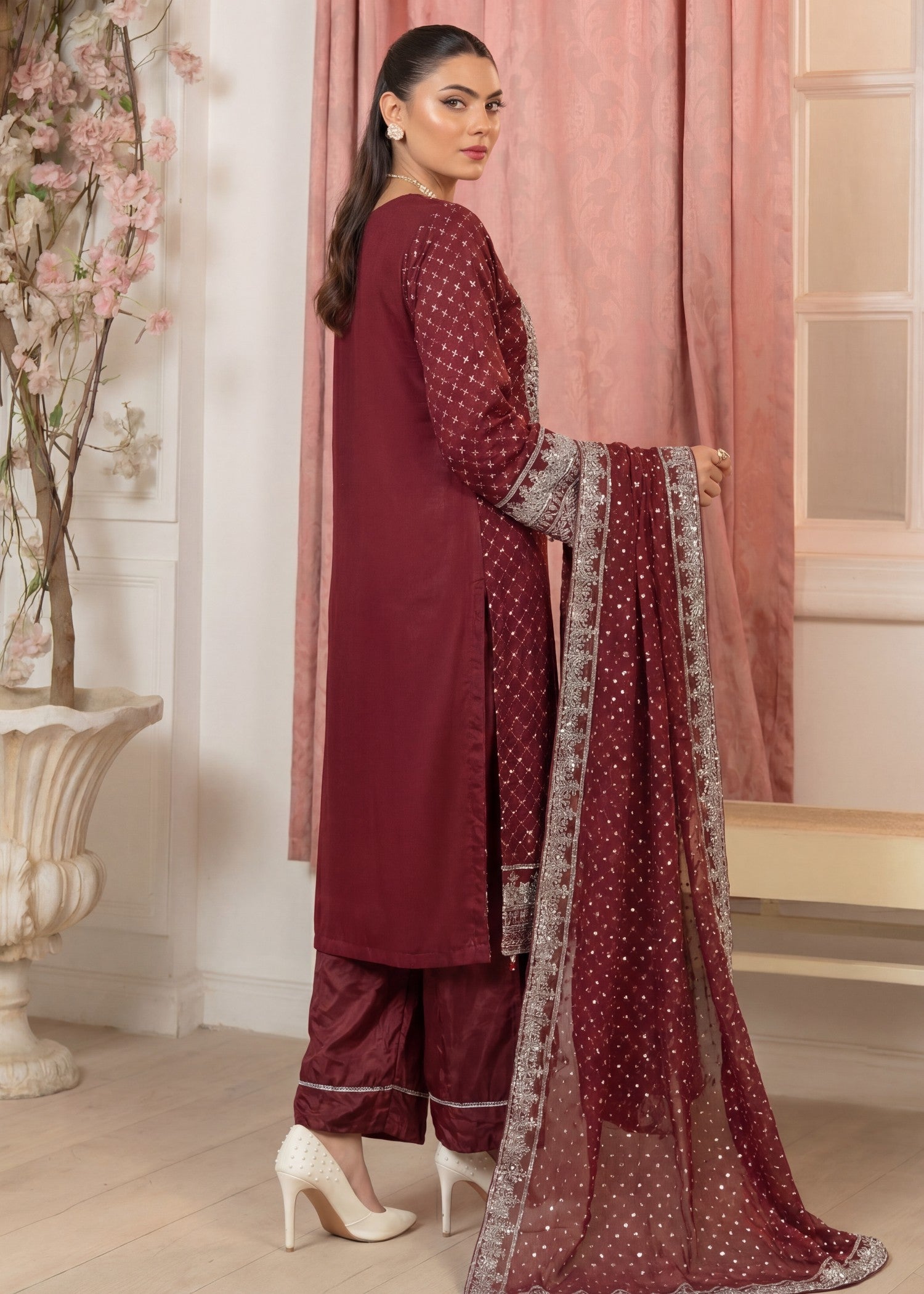chiffon Kurta Set in Blood red