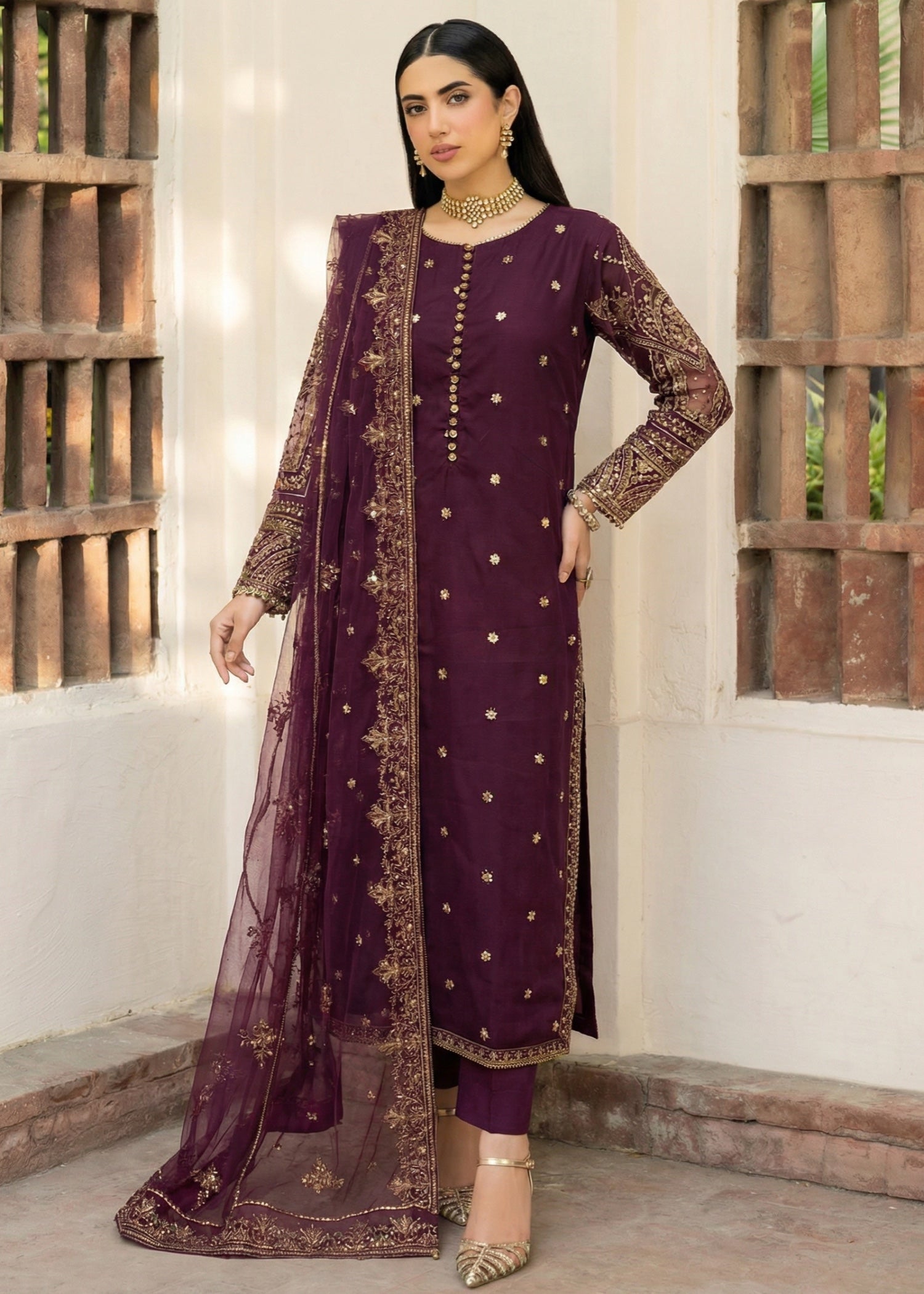 net Kurta Set in Plum