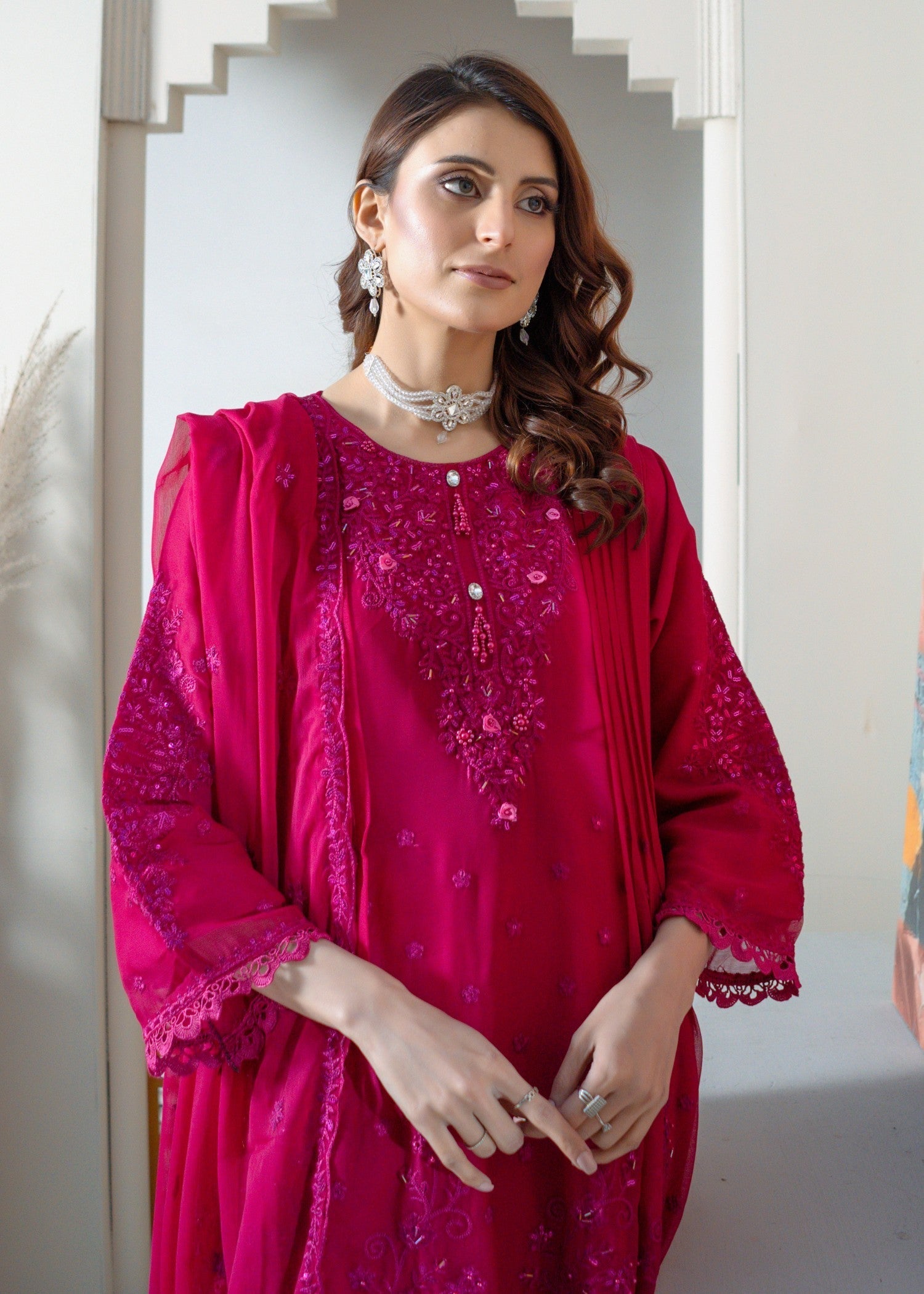 chiffon Short Frock in Hot pink