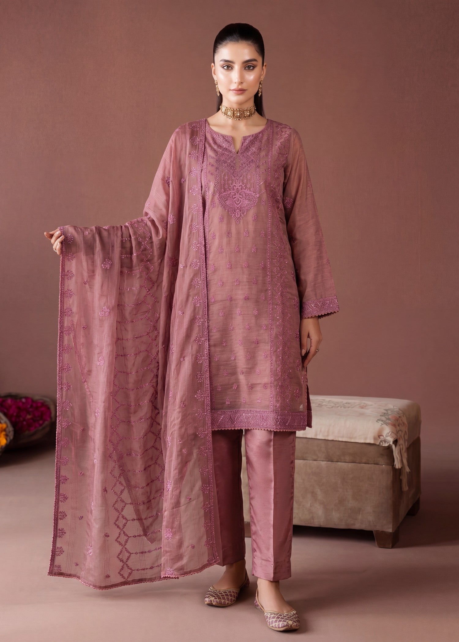 khaddi net Kurta Set in Petal pink