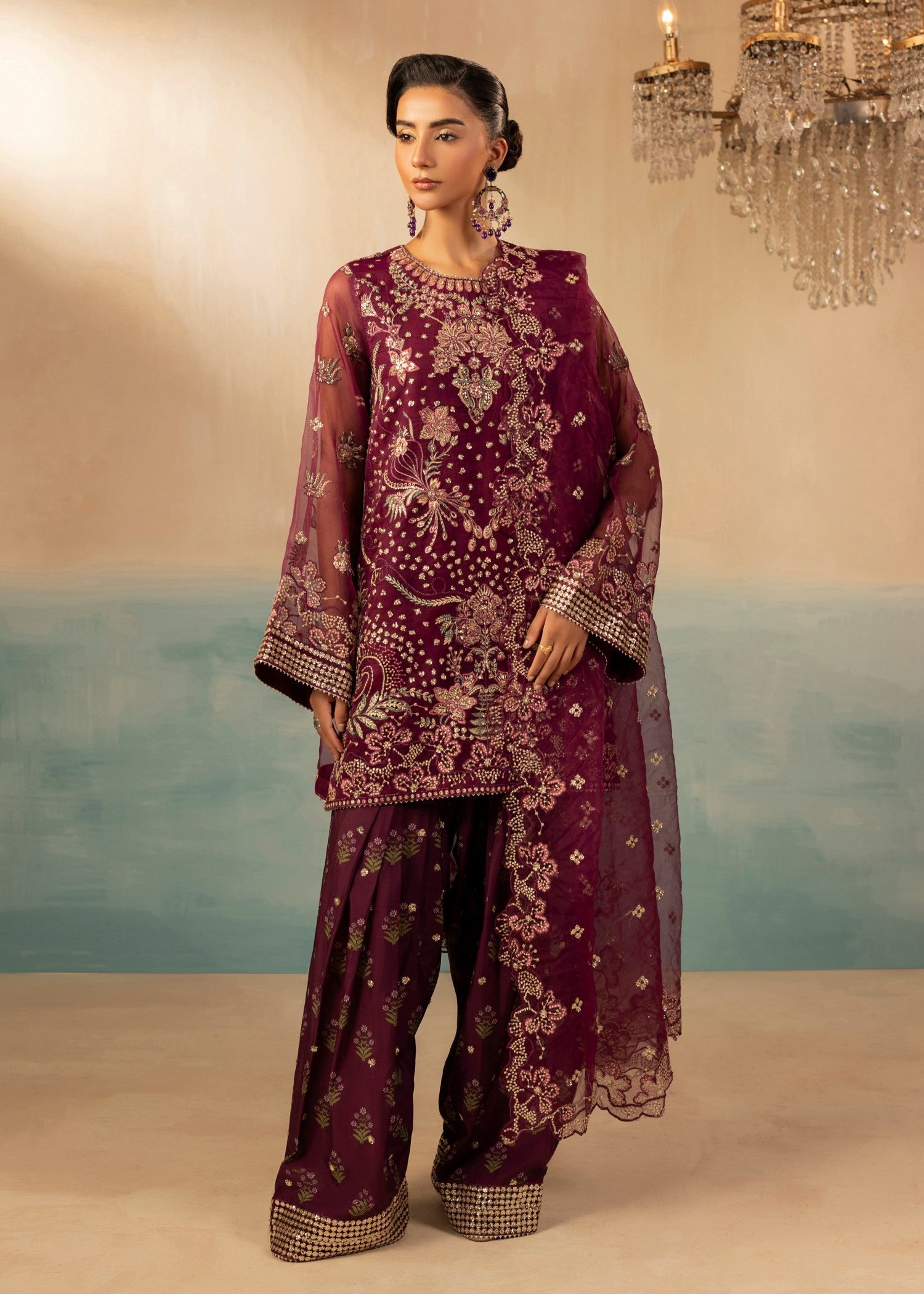 organza Kurta Set in Plum