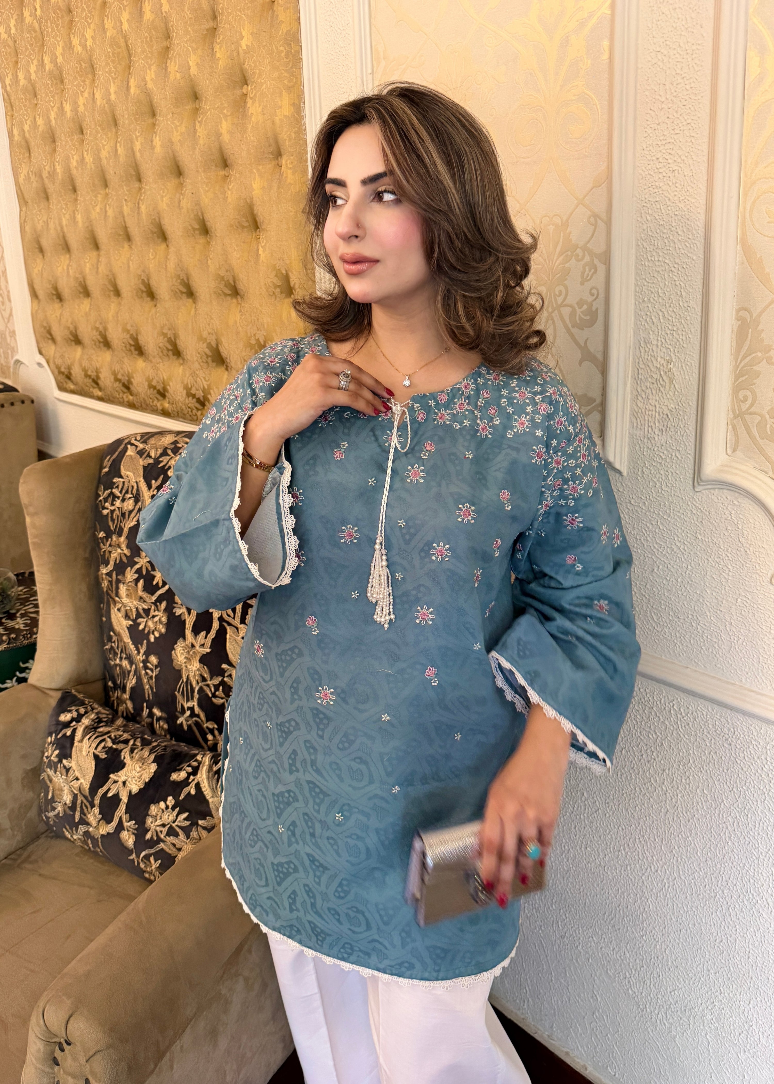 dobby crepe Kurta Set in Aquamarine