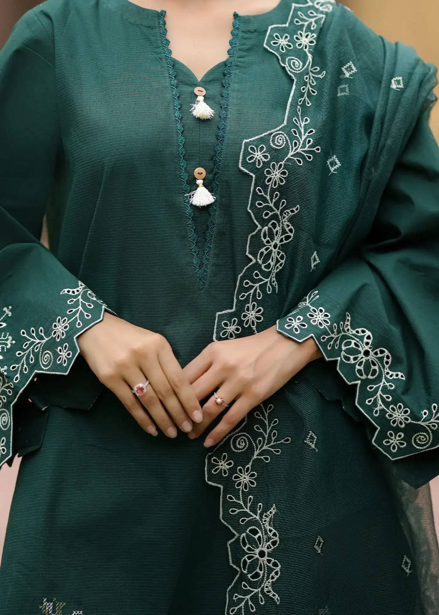 textured lawn Kurta Set in Dark green