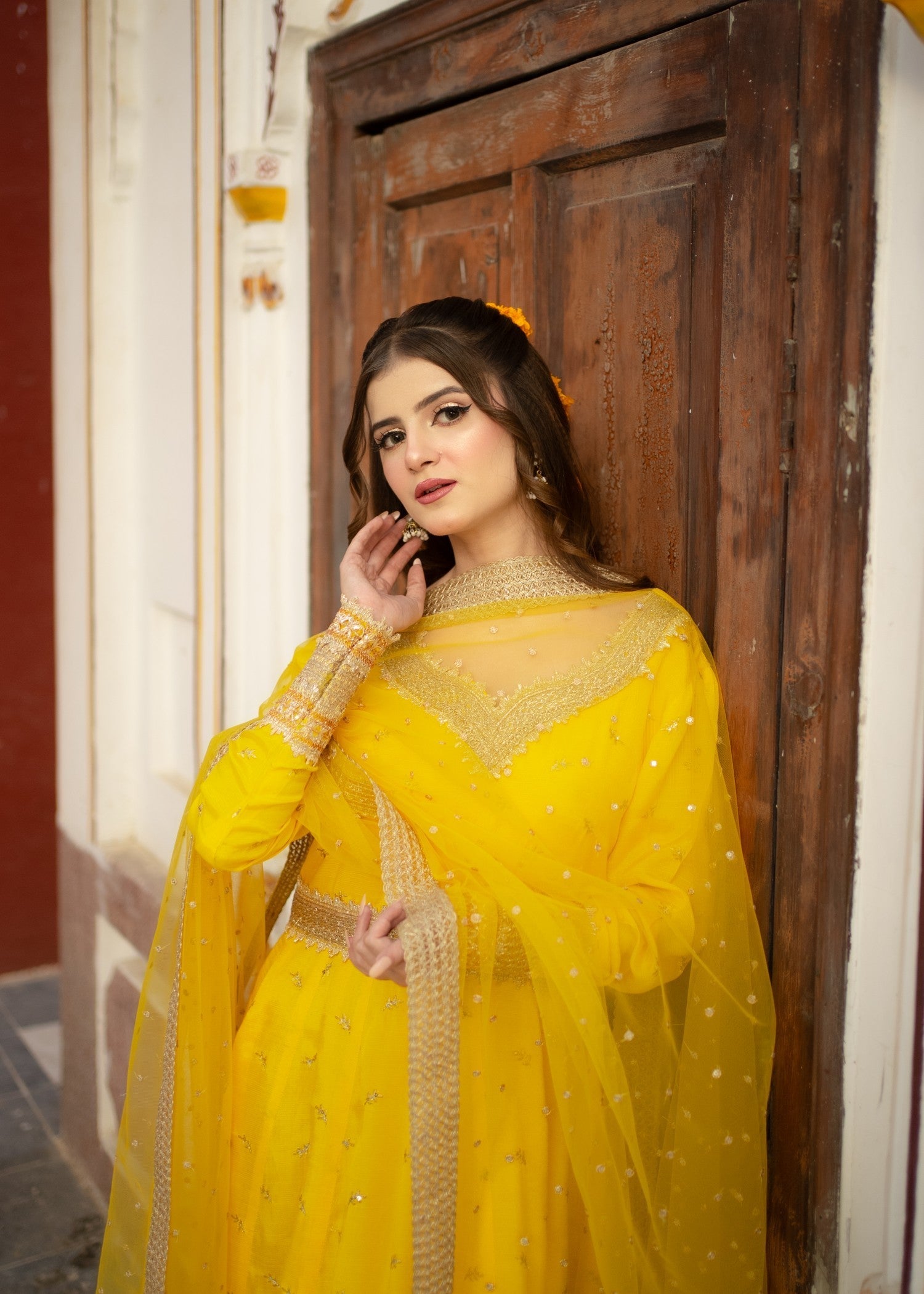 raw silk Anarkali in Yellow