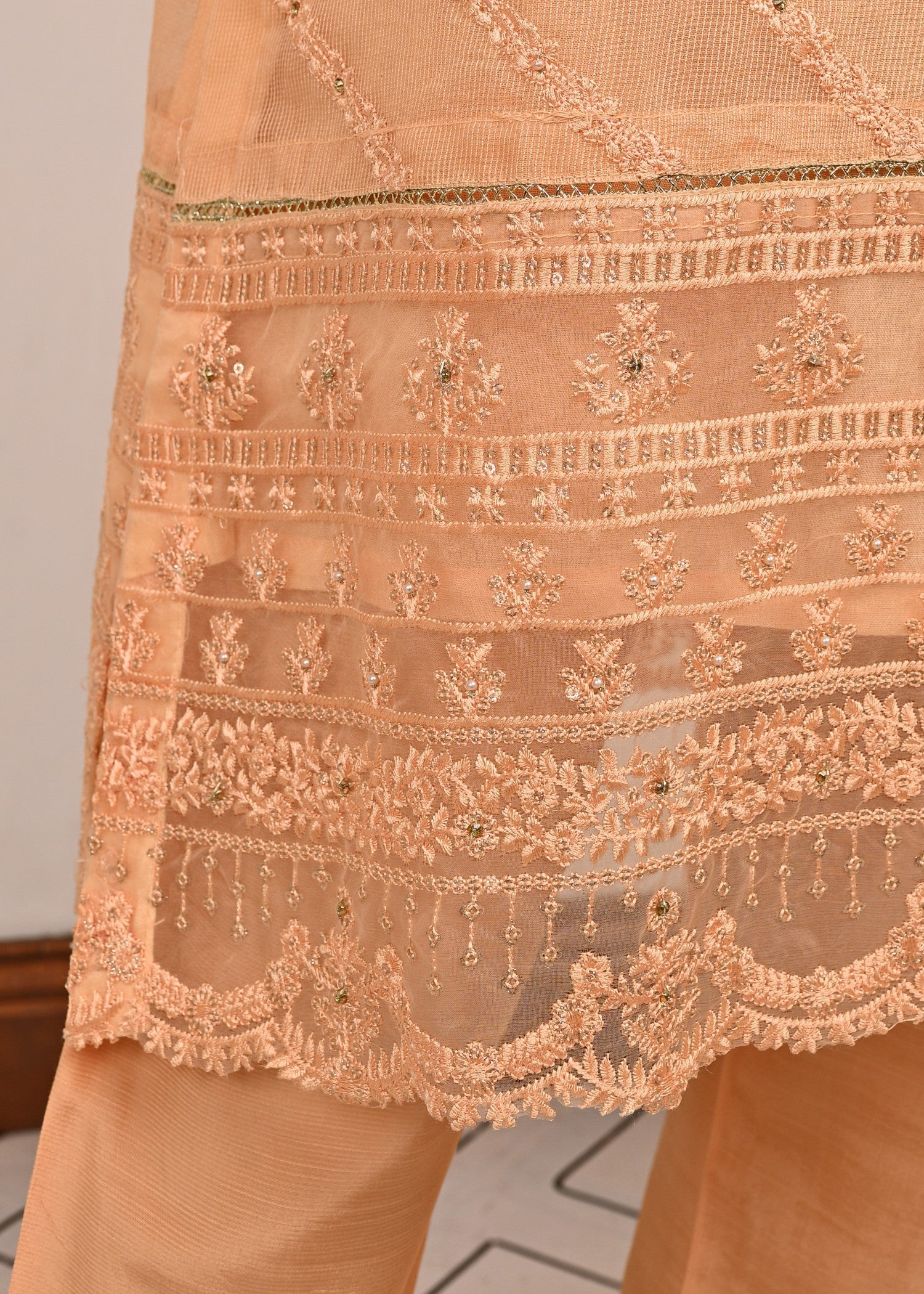 polyester net Kurta Set in Peach pink