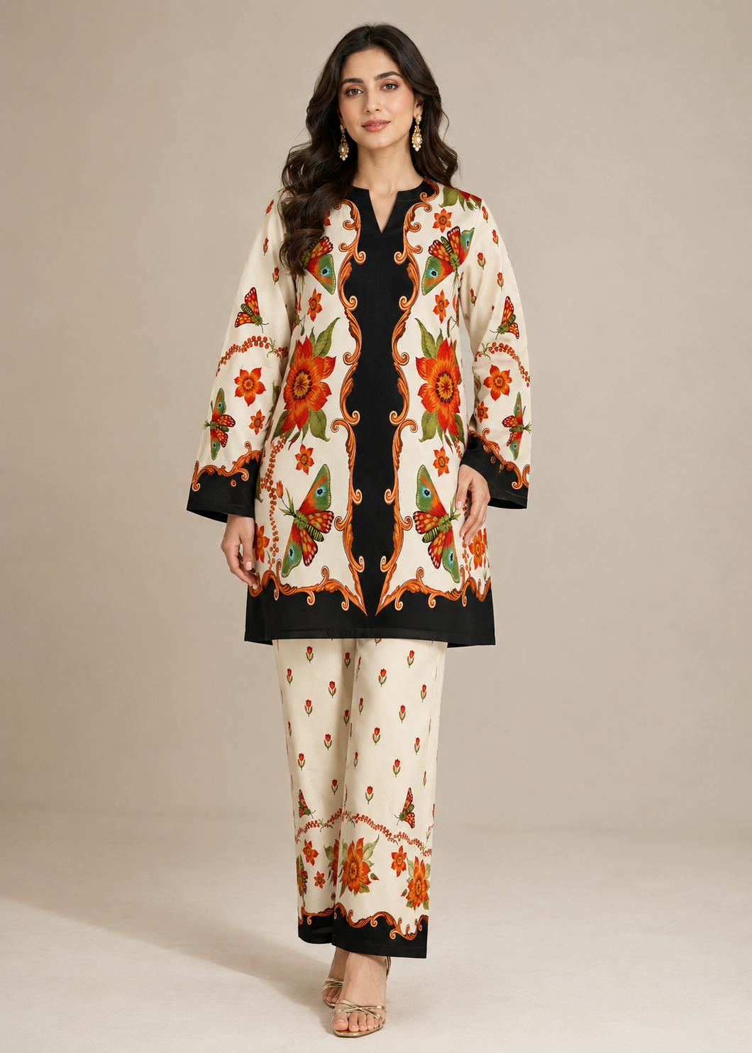 lawn Unstitched in Beige, black, orange